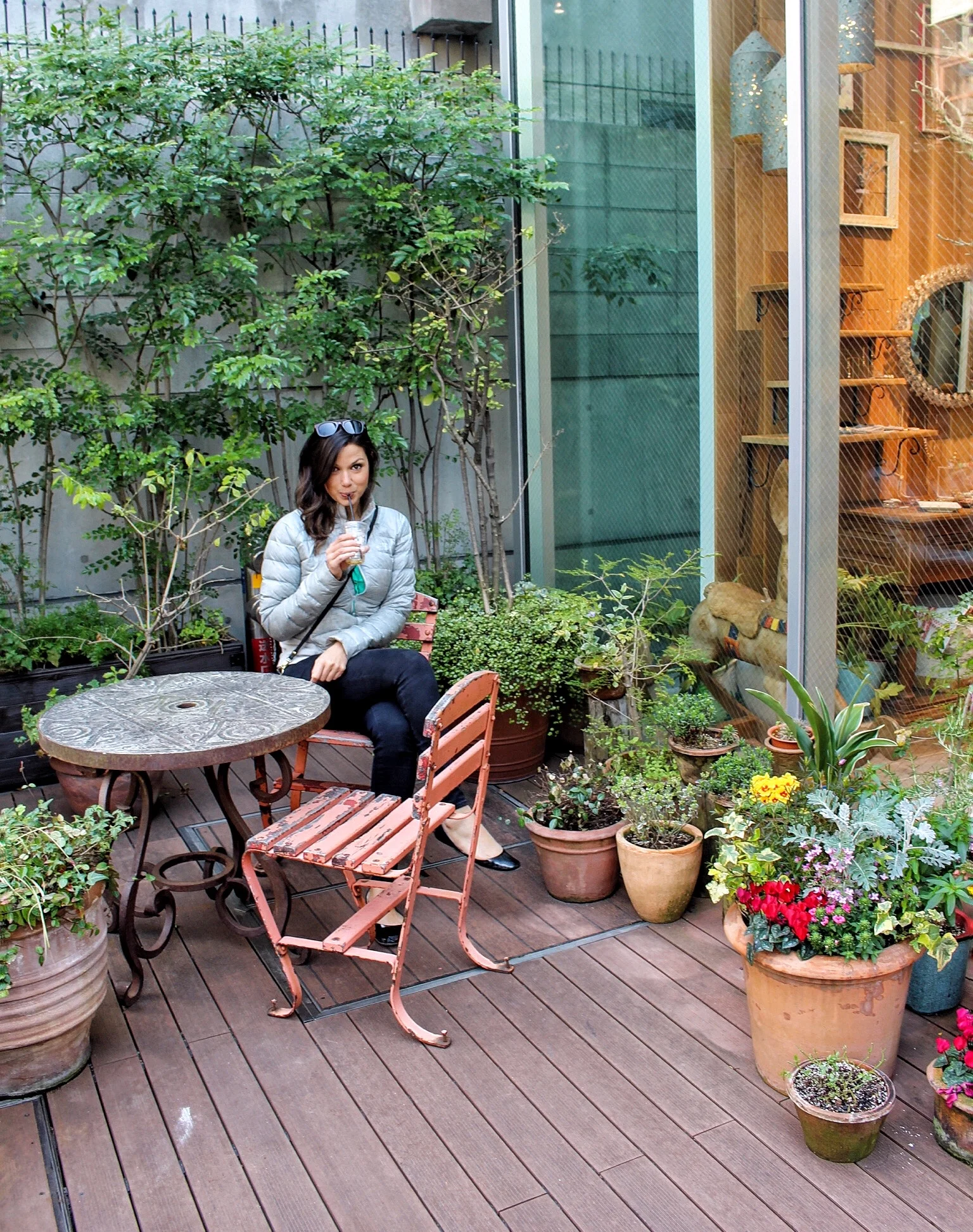 My friend, Jessica , sipping her LiLo iced coffee outside a shop on Orange Street, Osaka.