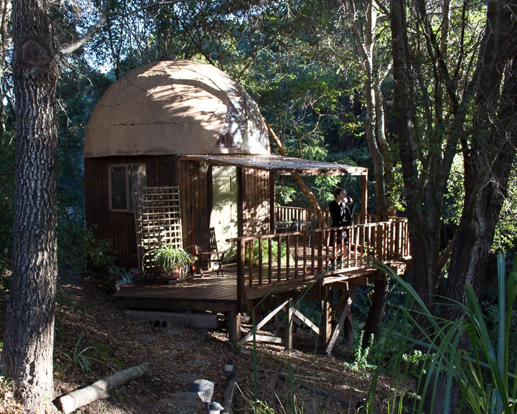 Sipping coffee on the deck of the Mushroom Dome.
