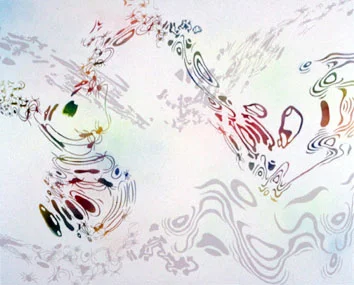 Spiders, mushrooms, clouds & chairs 2, 2002 38" x 40" Latex and spray paint on canvas