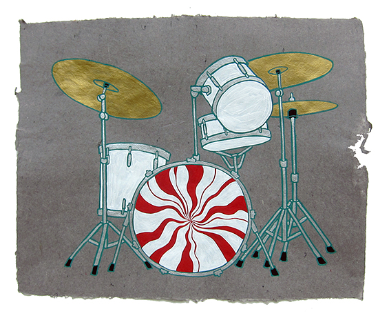   White Stripes, Meg White's drum kit,  2013  16" x 20" Flashe on paper  PRIVATE COLLECTION 