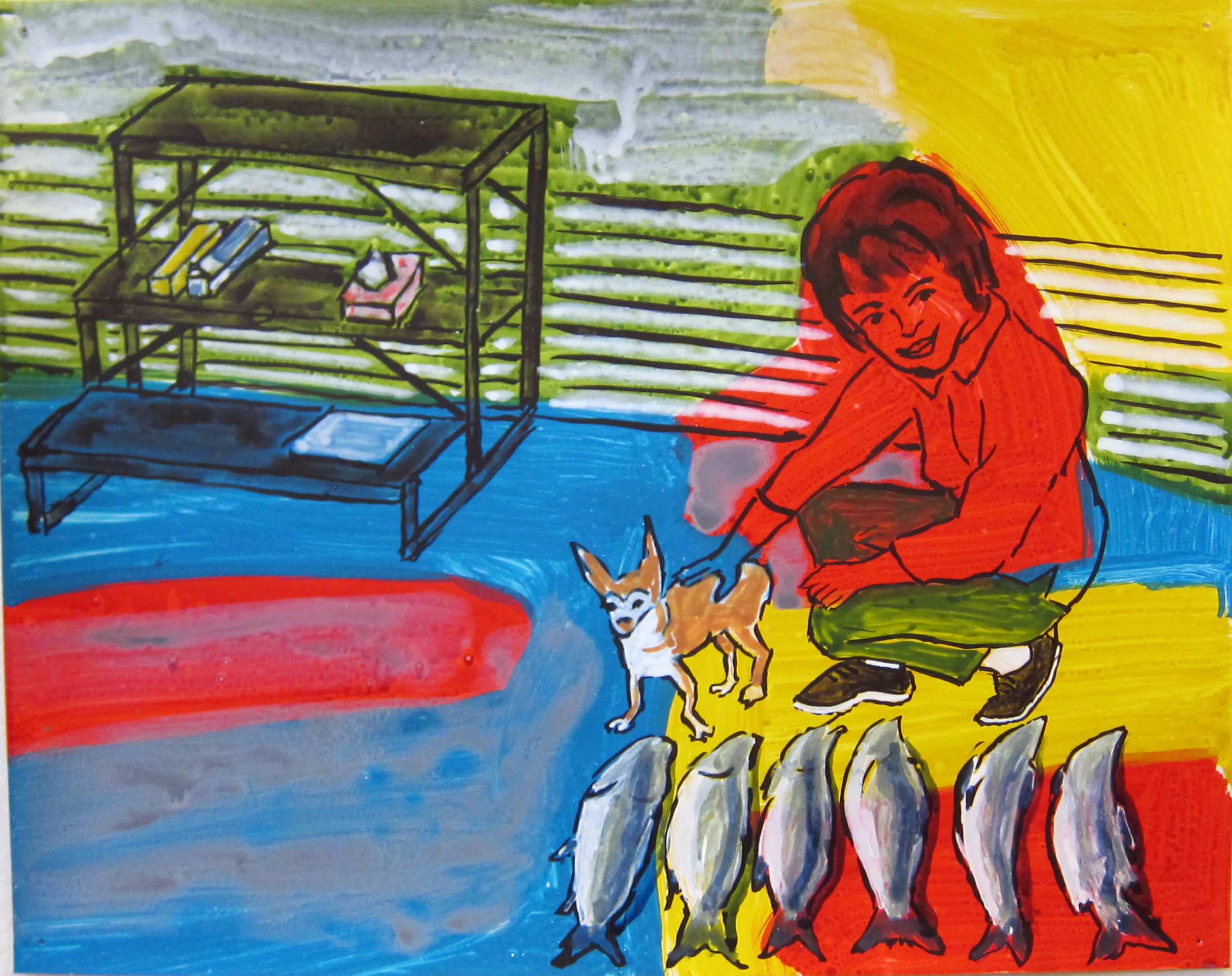 Woman With Dog & Fish , 2016 9.5"x12" ink on paper