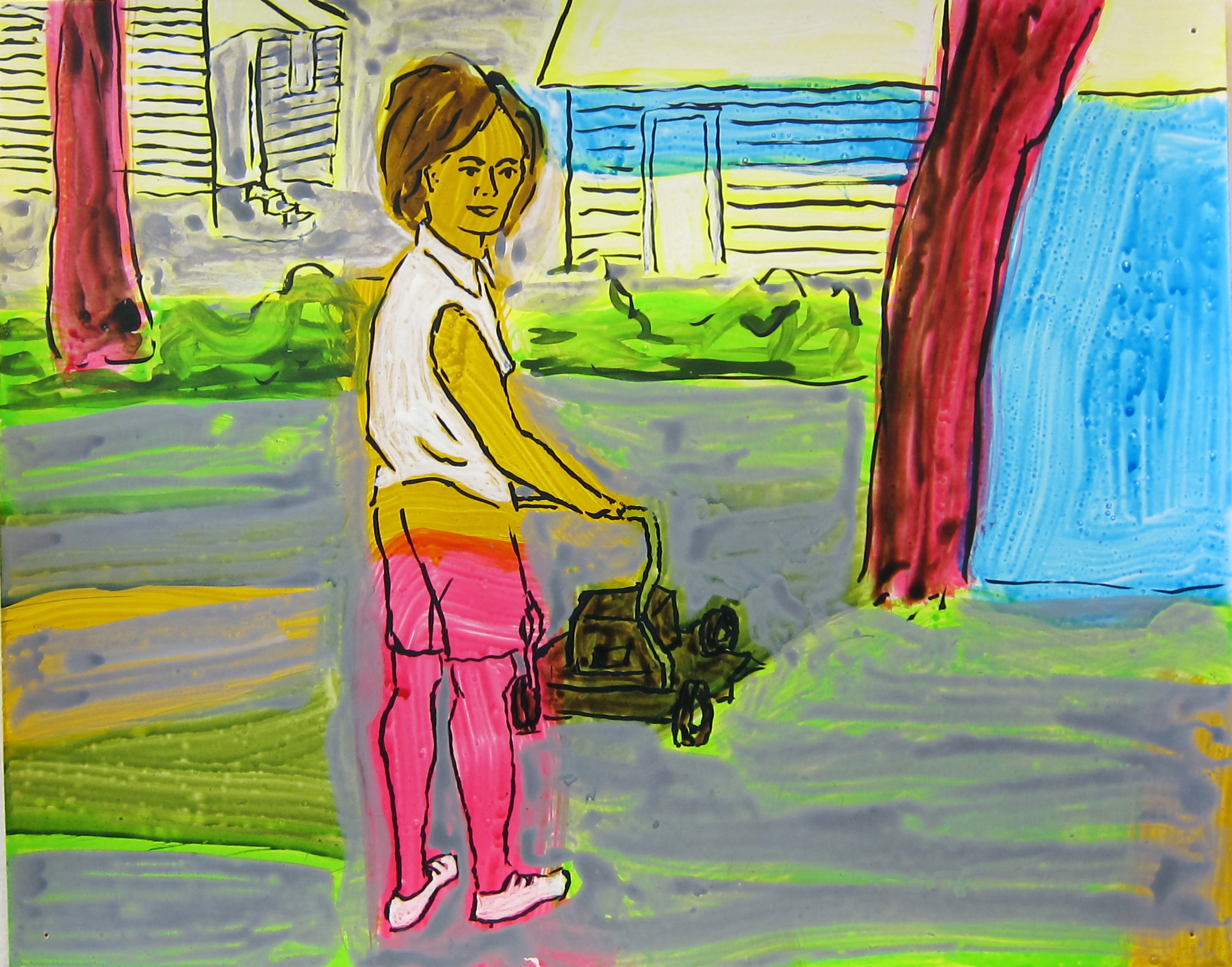   Woman Mowing Lawn , 2016  9.5"x12" ink on paper  PRIVATE COLLECTION 