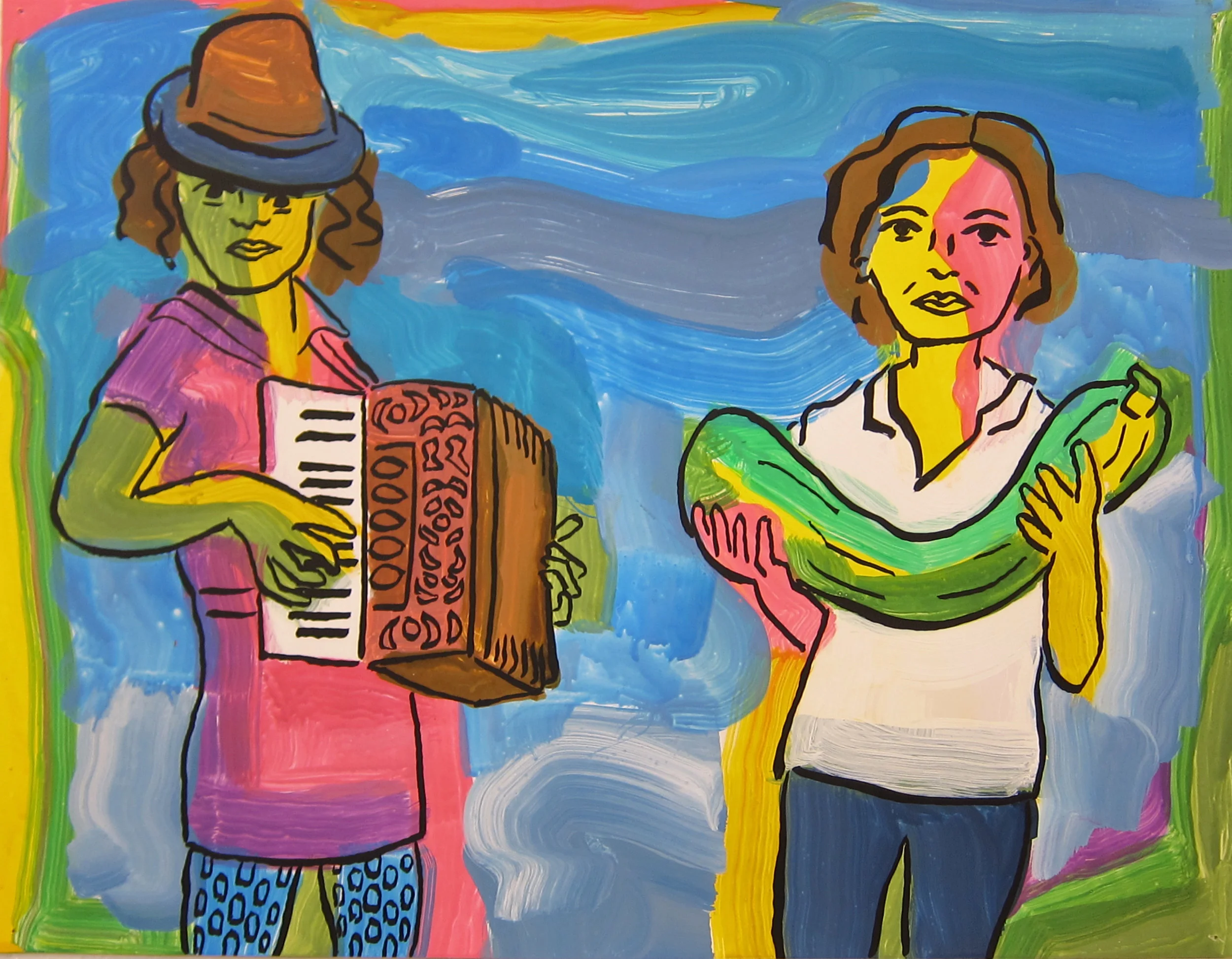 Accordian Player with Farmer 14"x18" ink on paper 2017