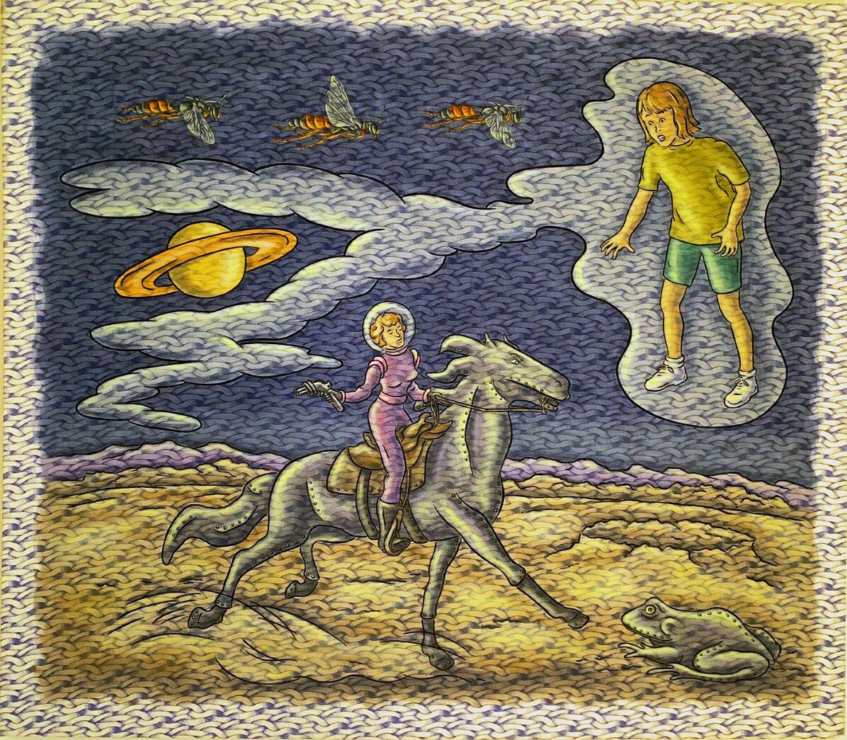   Space Cowgirl   35”x40”  acrylic on commercially printed fabric  1997  Not available 
