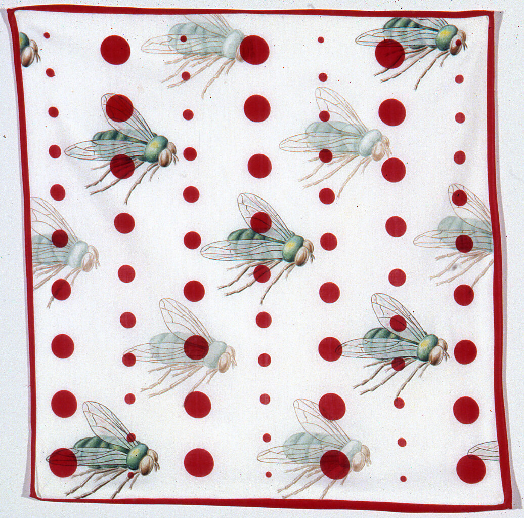   Flies 3   18”x18”  acrylic on printed handkerchief  2000 