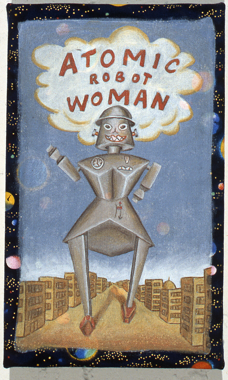   Atomic Robot Woman   10”x6”  acrylic on commercially printed fabric  1995  PRIVATE COLLECTION 