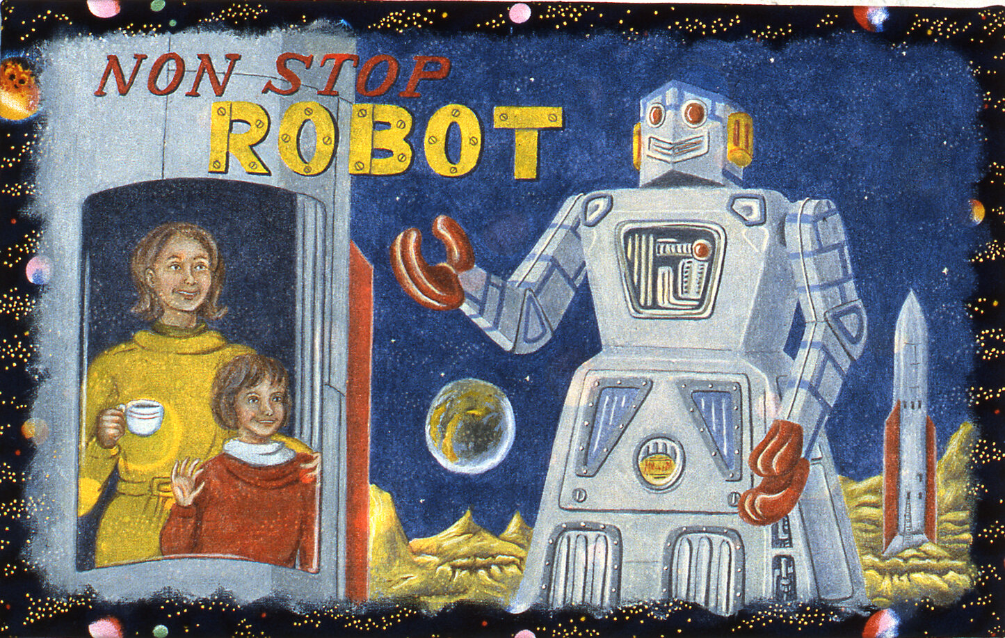   Non Stop Robot   8”x13”  acrylic on commercially printed fabric  1996  PRIVATE COLLECTION 