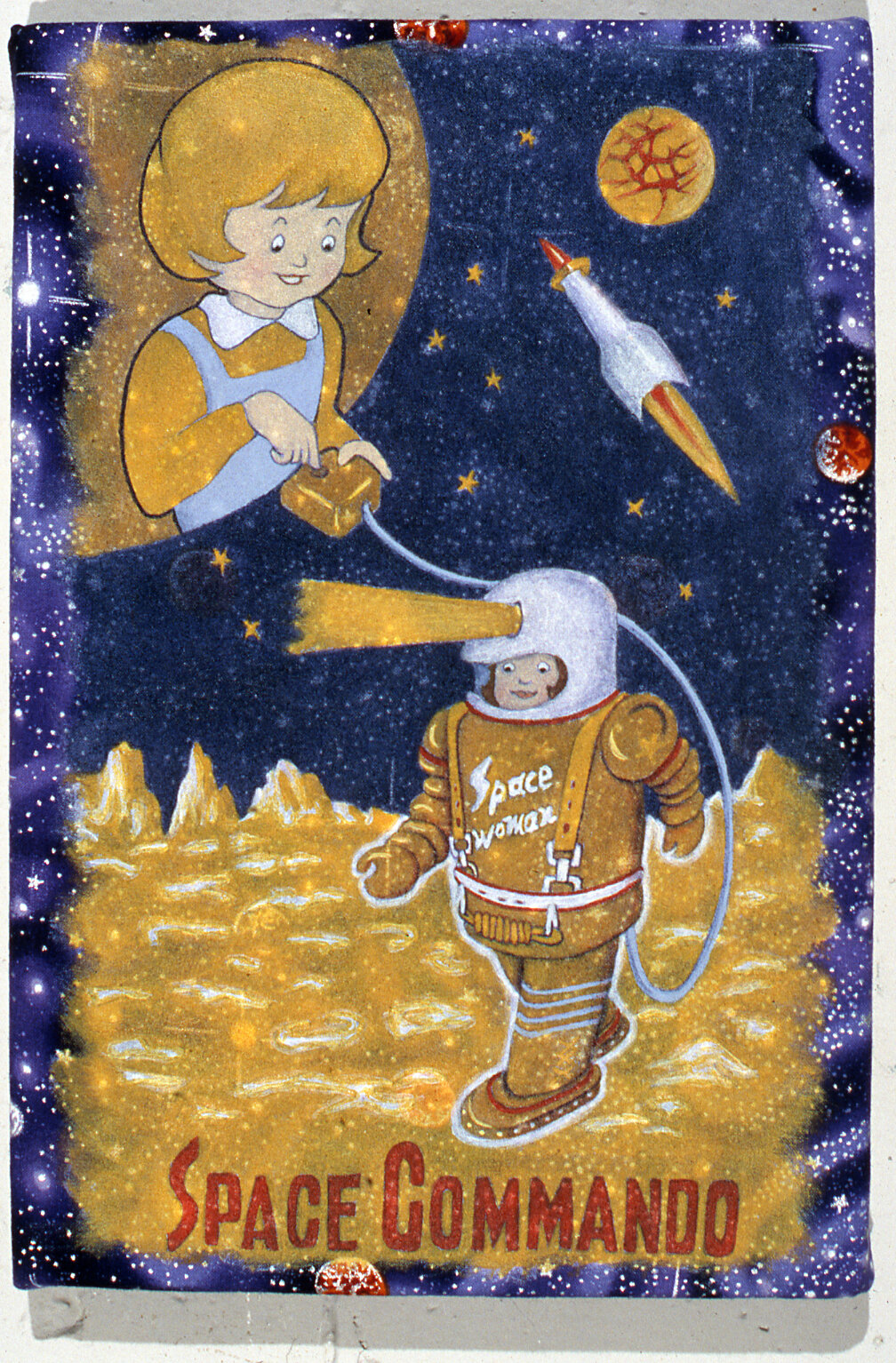  Space Commando   12”x8”  acrylic on commercially printed fabric  1995  PRIVATE COLLECTION 