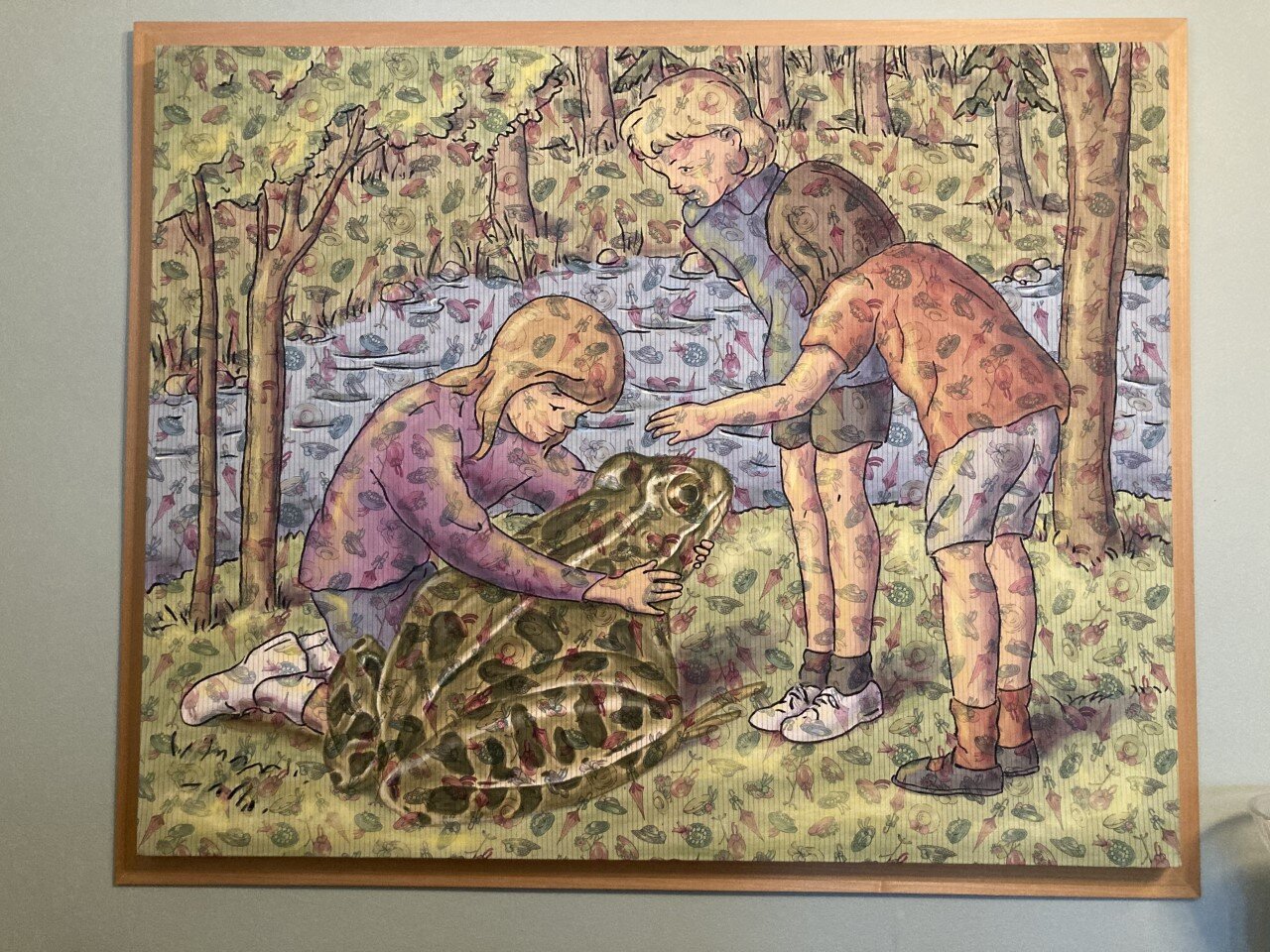   Three Girls and a Frog   32”x40”  acrylic on commercially printed fabric  1995  PRIVATE COLLECTION 