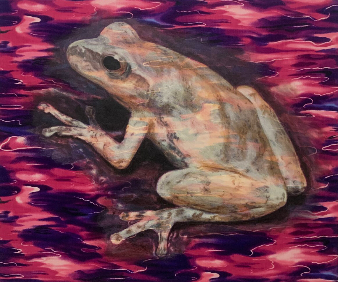   Spring Peeper   20”x24”  acrylic on commercially printed fabric  1994  PRIVATE COLLECTION 