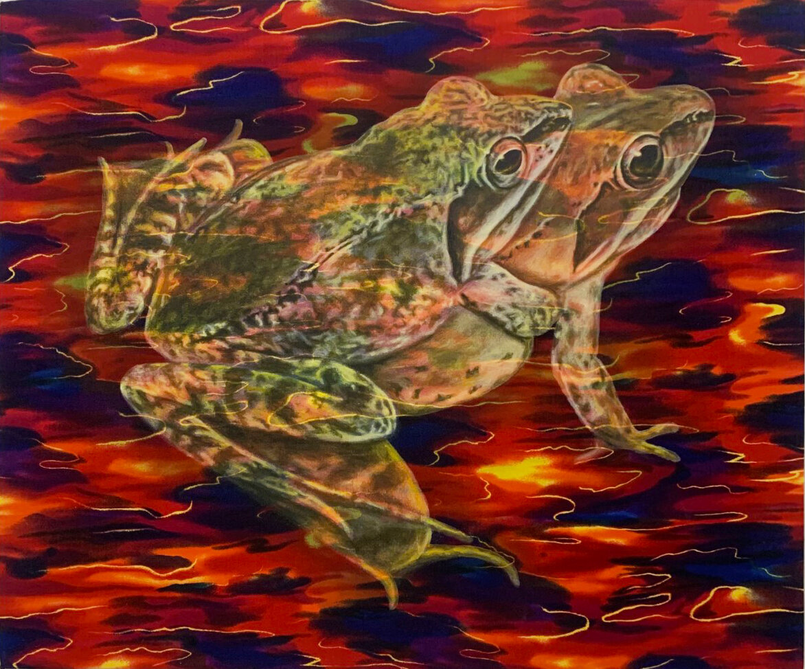  Mating Wood Frogs   20”x24”  acrylic on commercially printed fabric  1994 