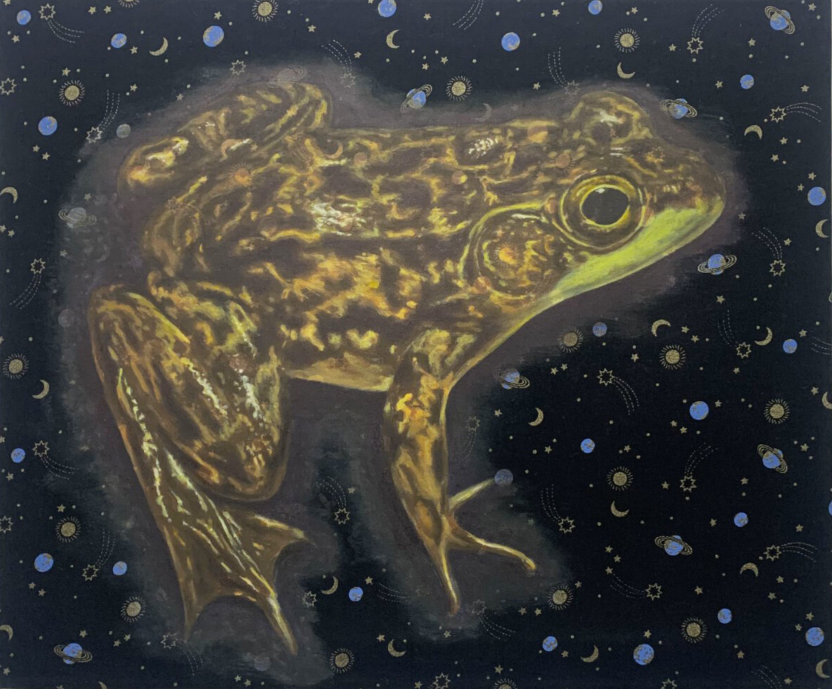   Mink Frog   20”x24”  acrylic on commercially printed fabric  1994 