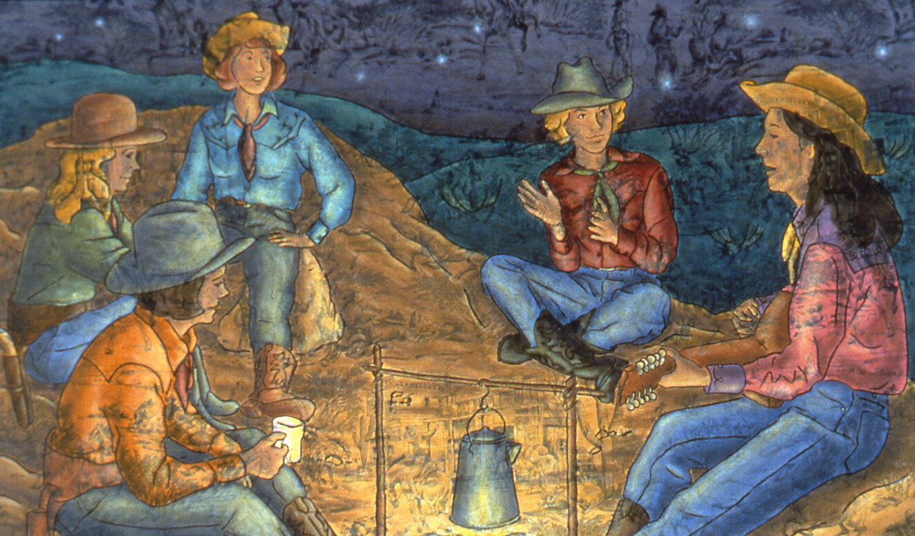   Gender Revisions 4 The Cowgirls   24”x42”  acrylic on commercially printed fabric  1994  PRIVATE COLLECTION 