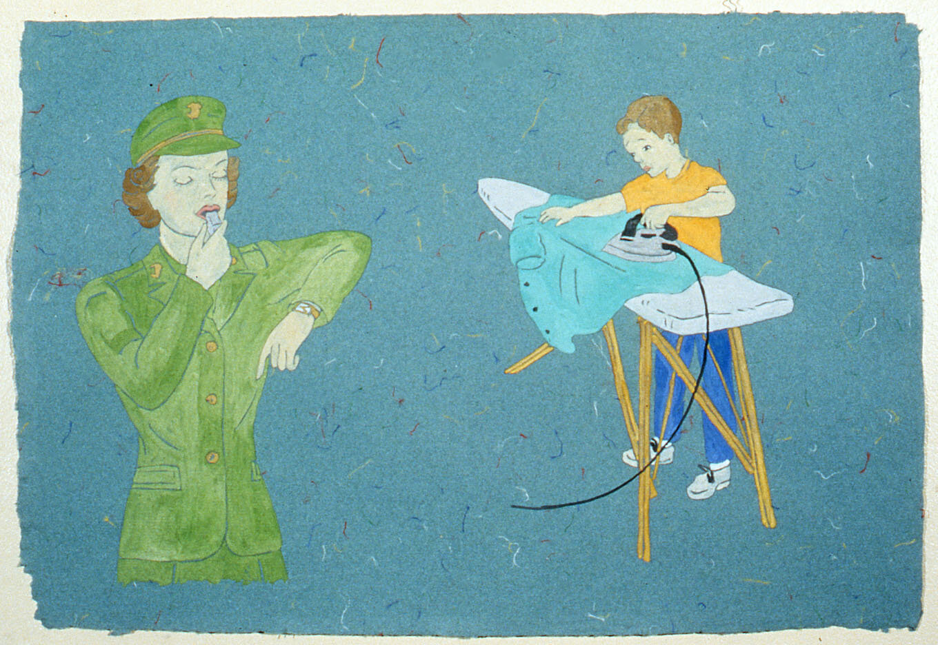   Boy Ironing   14”x21”  gouache on handmade paper  1991  PRIVATE COLLECTION 