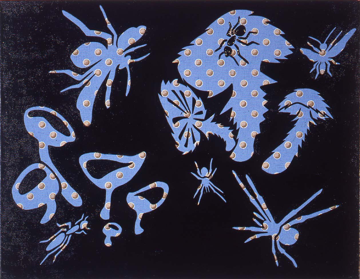   Night Navy with Insects &amp; Fungi 2   28”x42”  enamel of commercially printed fabric  2001 