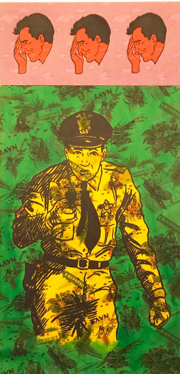   Policing the Third World   82”x40”  acrylic on commercially printed fabric  1988  PRIVATE COLLECTION 