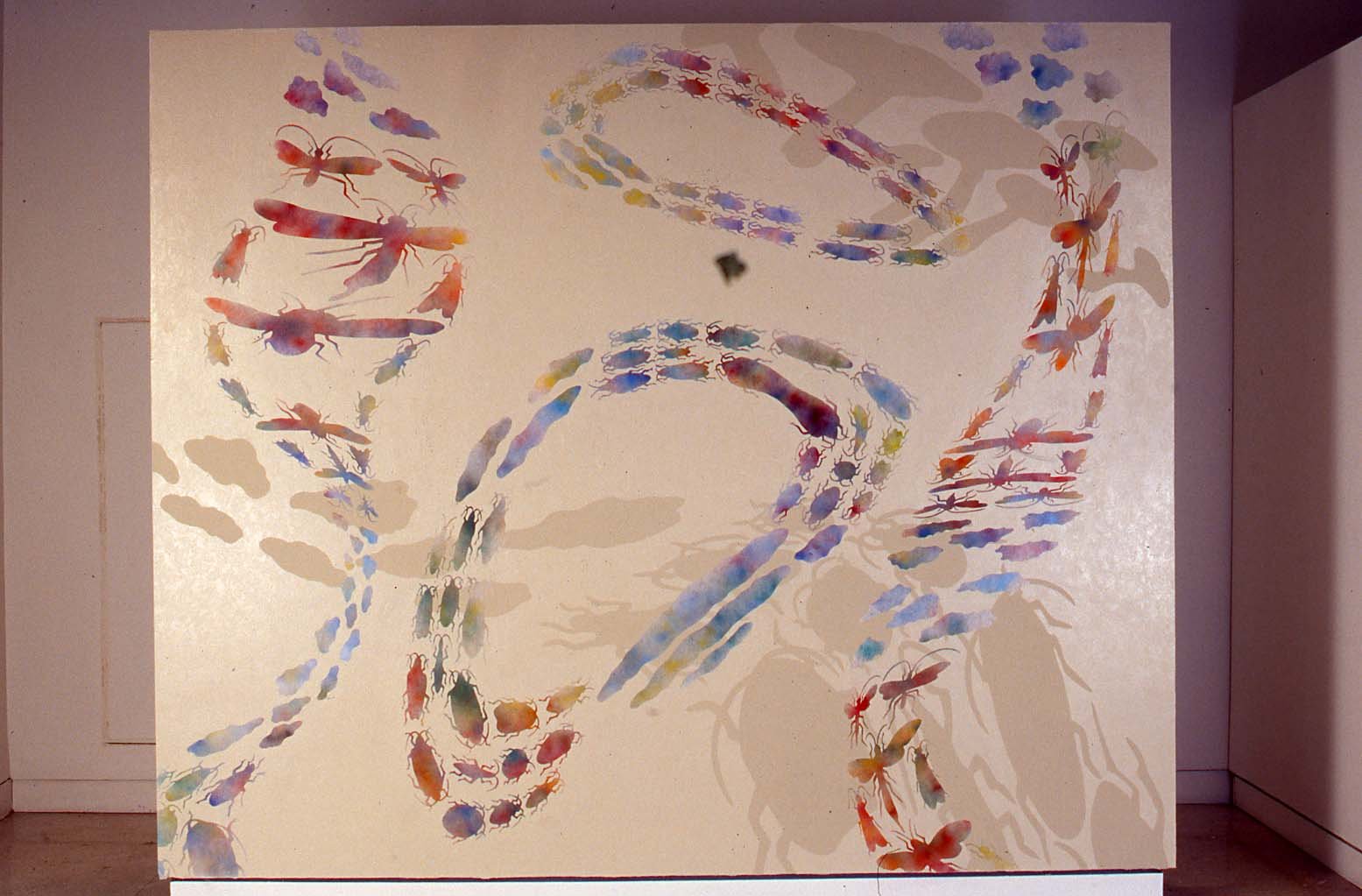   Spiders, Mushrooms &amp; Clouds   144”x144”  enamel &amp; spray paint on wall paper/wall  2002  MMOCA TRIENNIAL 