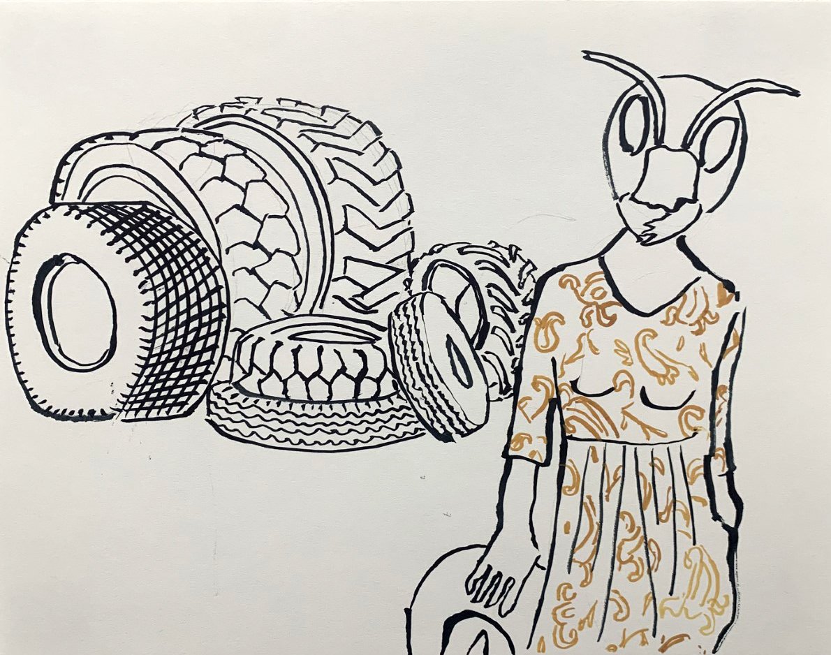   Bug Woman with Tires   ink on paper  11”x14”  2021 