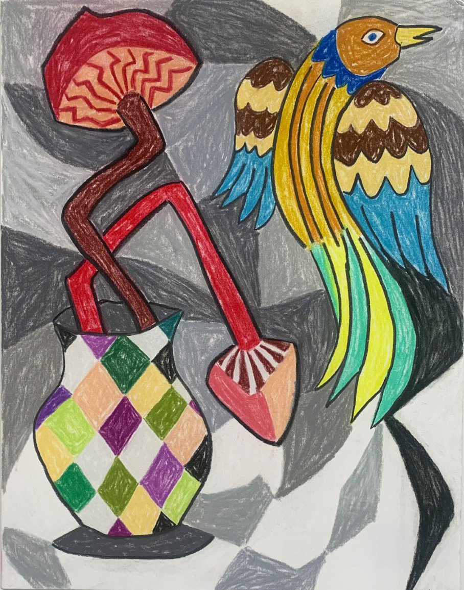  Still Life with Bird &amp; Mushrooms  pastel Pencils on paper  17”x11”  2022 