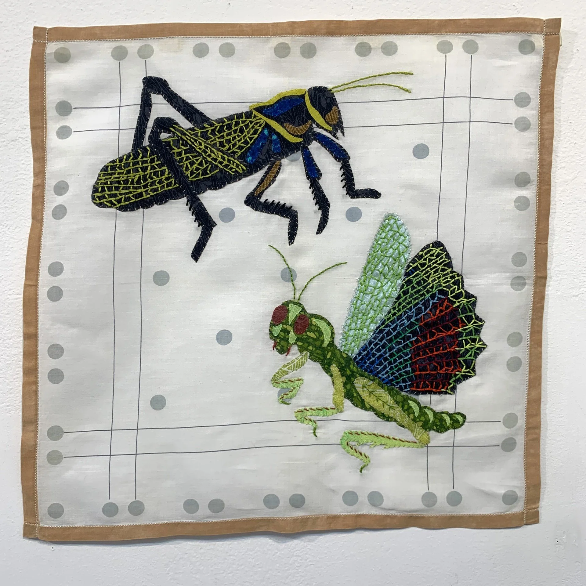  Two Grasshoppers   handkerchief applique &amp; embroidery  17”x17.5”  2026 