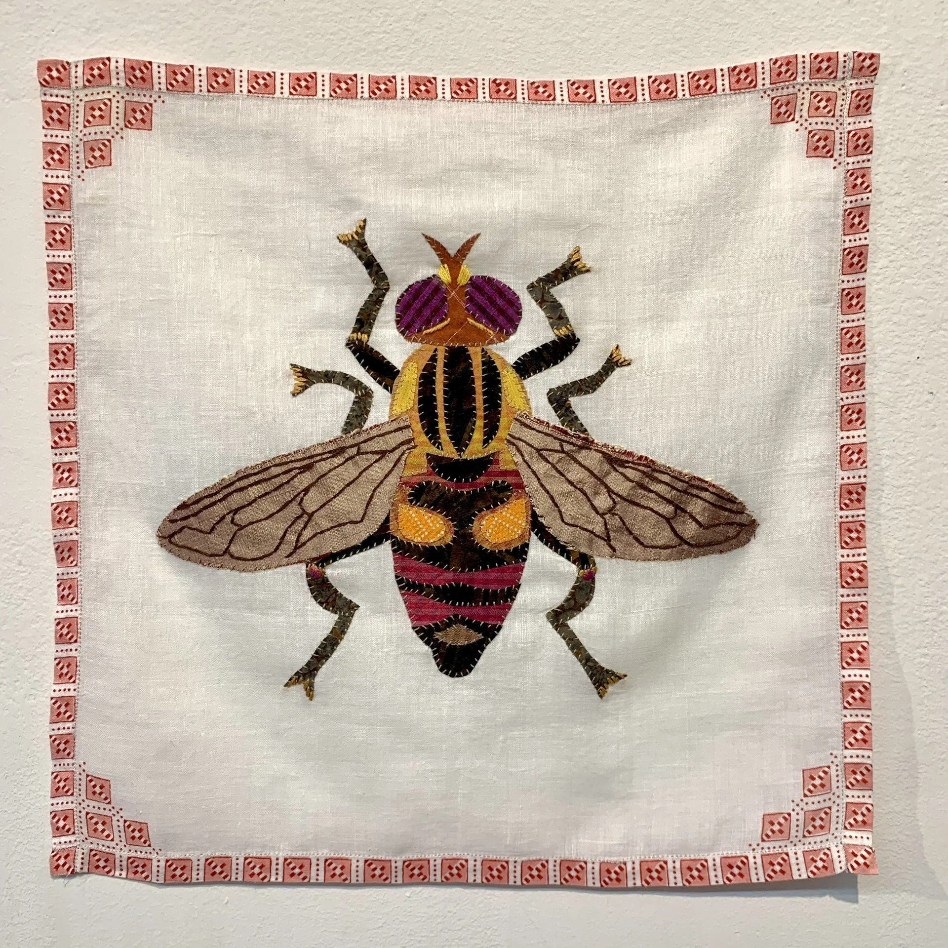   Hover Fly   handkerchief applique &amp; embroidery  12.75”x12.75”  2026 