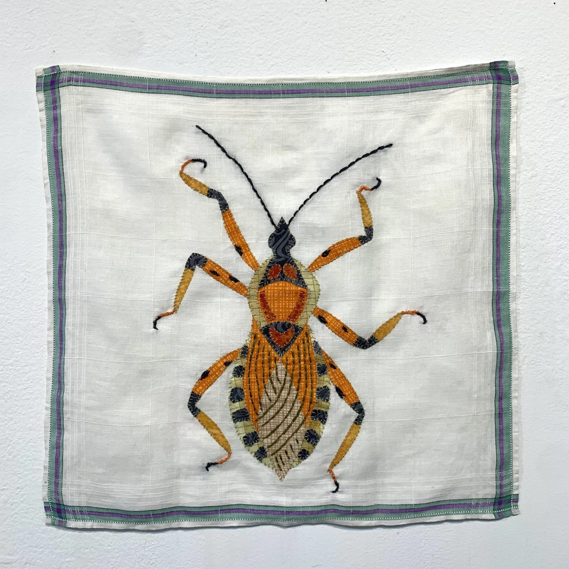   Assassin Bug   handkerchief applique &amp; embroidery  13”x13”  2026 
