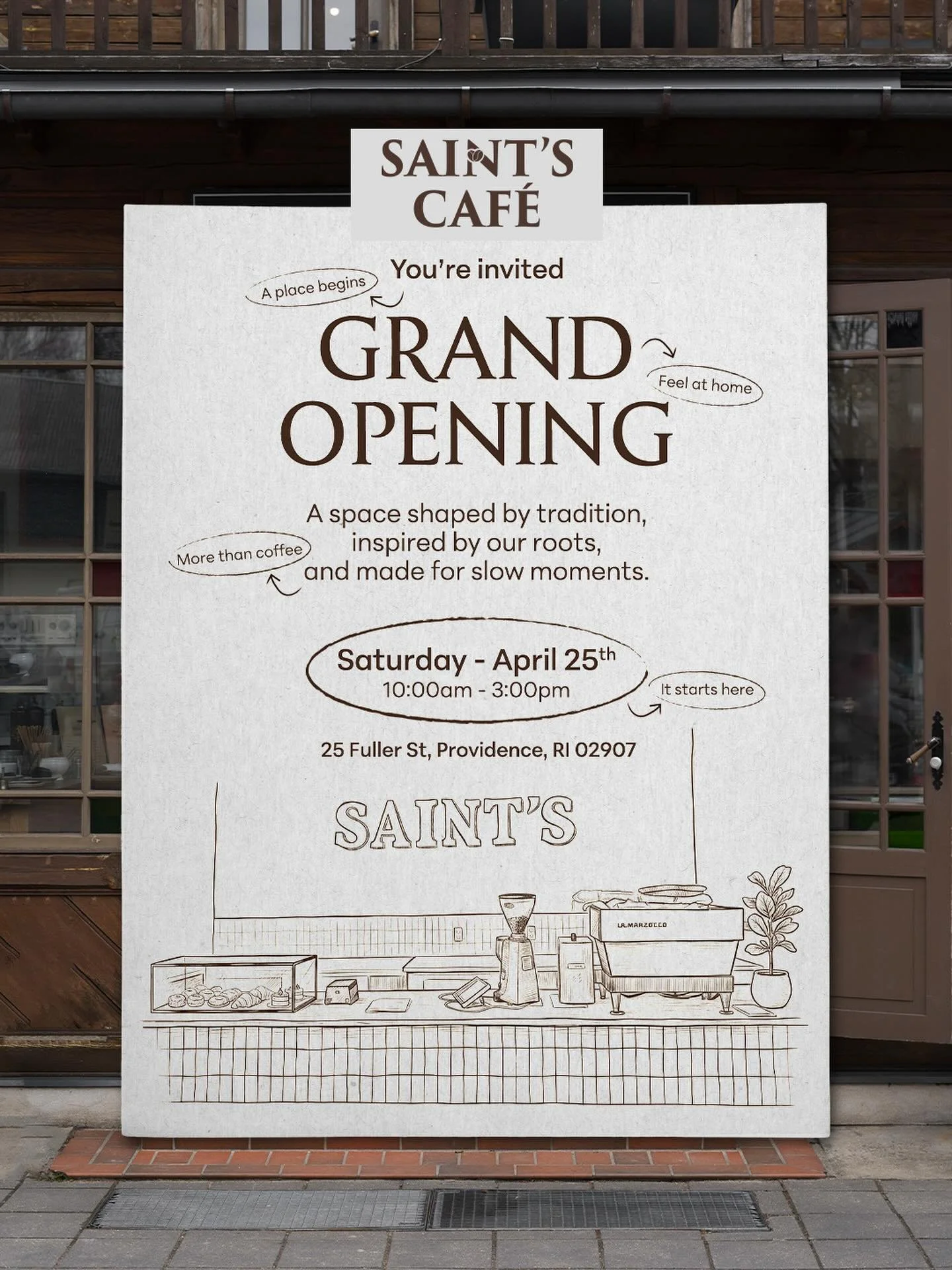 Join us Saturday, 4/25 10-3 for @saintscaferi grand opening! ☕️🎉