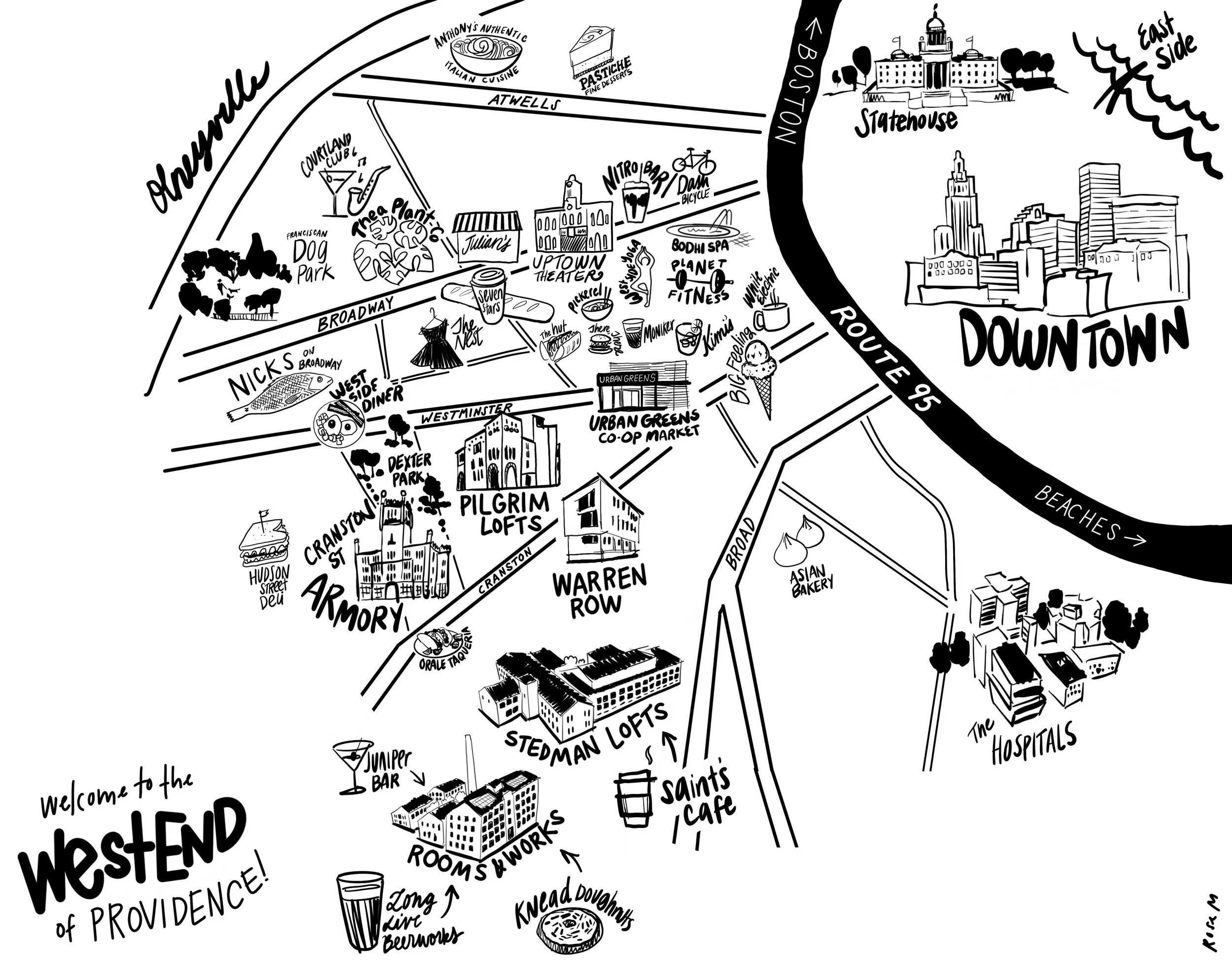 The West End, according to one very talented office resident :) From coffee runs and donut stops to Pilgrim Lofts, Warren Row, Stedman Lofts, and Rooms &amp; Works- this is the neighborhood we&rsquo;re lucky to call home!  @rosemannnning