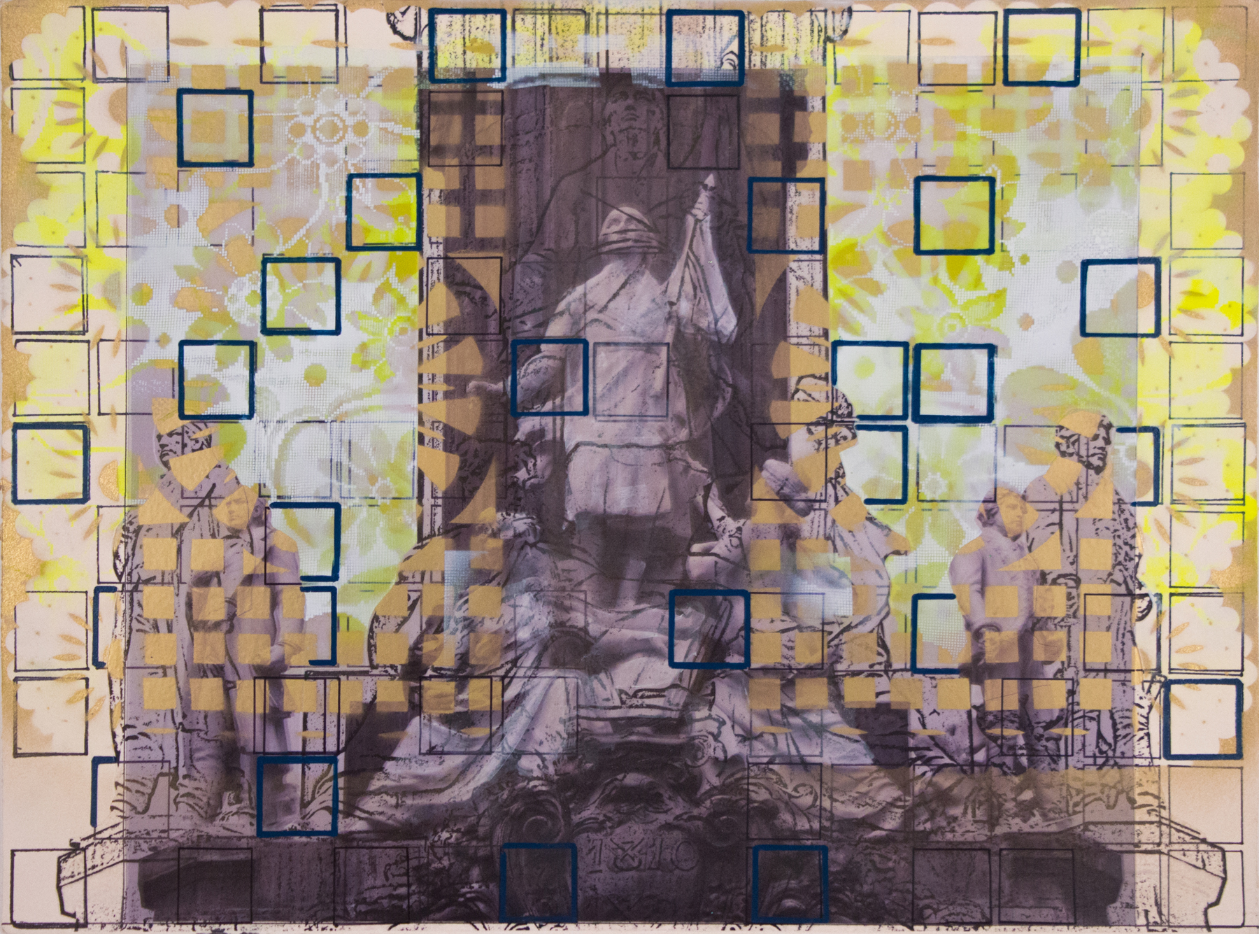 Lower Independencia with Squares, 22” x 30”, Adhesive vinyl, markers and spray paint on paper, 2015