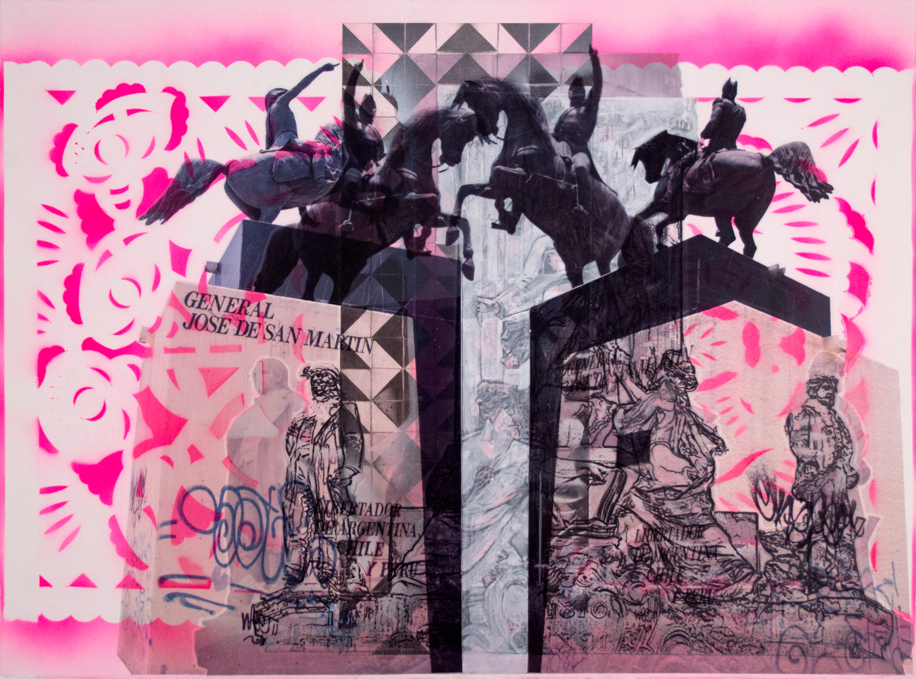 Pink Dueling San Martins, 22” x 30”, Acetate, adhesive vinyl, acrylic and spray paint on paper, 2015