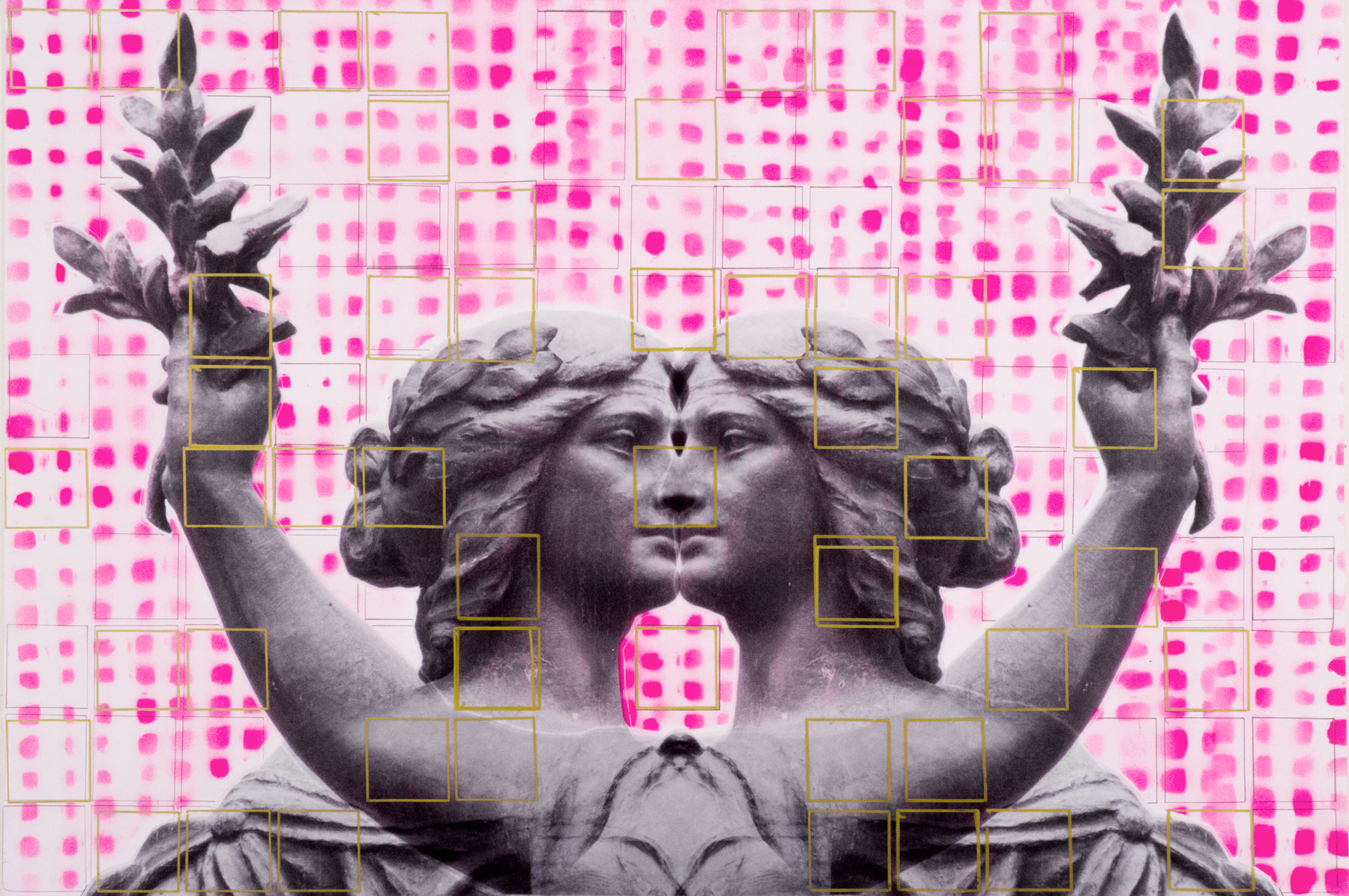 Pink Squares with Kissing Peace , 20” x 30”, Adhesive vinyl, graphite, markers and spray paint on board, 2015