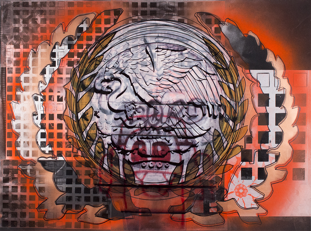 Orange Laurels Squares and Mexican Insignia , 22” x 30”, Acetate, adhesive vinyl, marker and spray paint on paper, 2015
