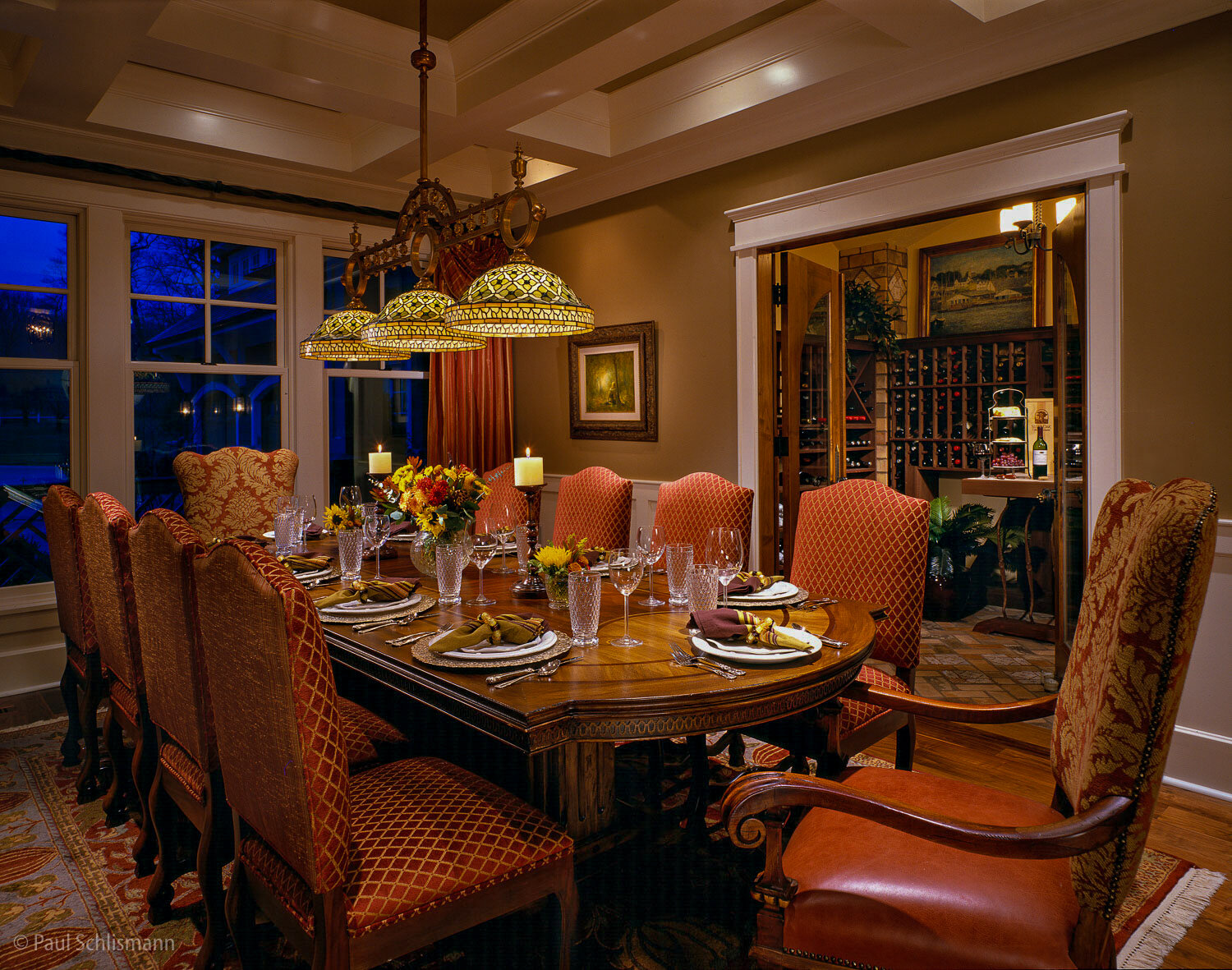 Residential interior dining room dusk view