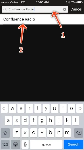 Type "Confluence Radio" in the search bar, then tap the results below it.