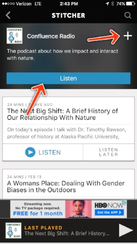 Tap "Listen" to hear the latest episode, and tap the "+" icon to add Confluence Radio to your Favorites Playlist.