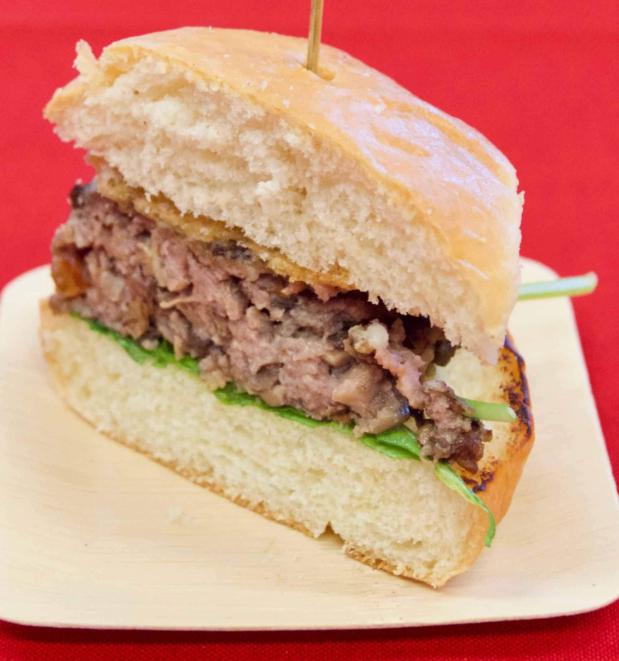 Here's half of The Steakhouse Blended Burger, which has a just-right mushroom flavor weaved in. You'll find it at the Earth Eats marketplace in Future World West.