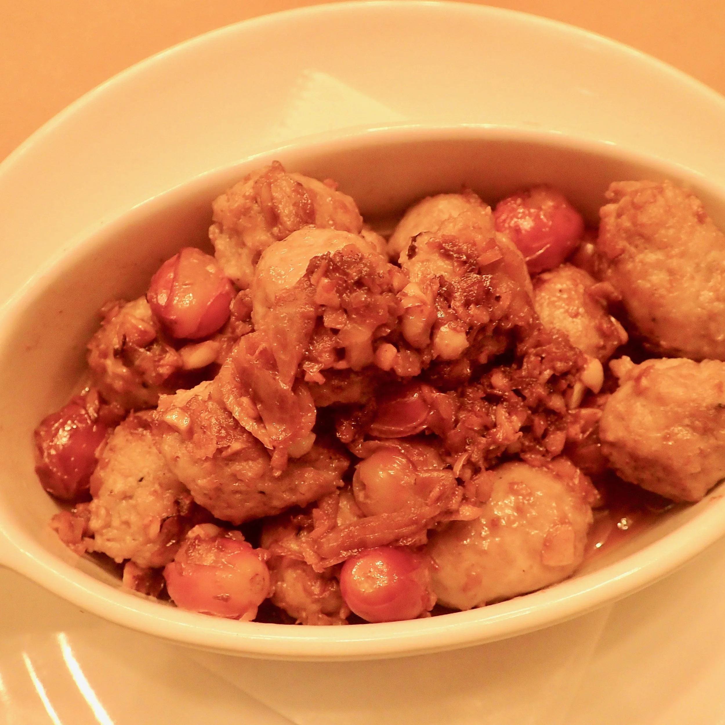 Another dullard visually, this antipasta may well be my favorite. It’s called Sausage with Grapes, and indeed it’s chunks of Italian sausage, blistered graves and a subtle wisp of fennel. I’m a fan.