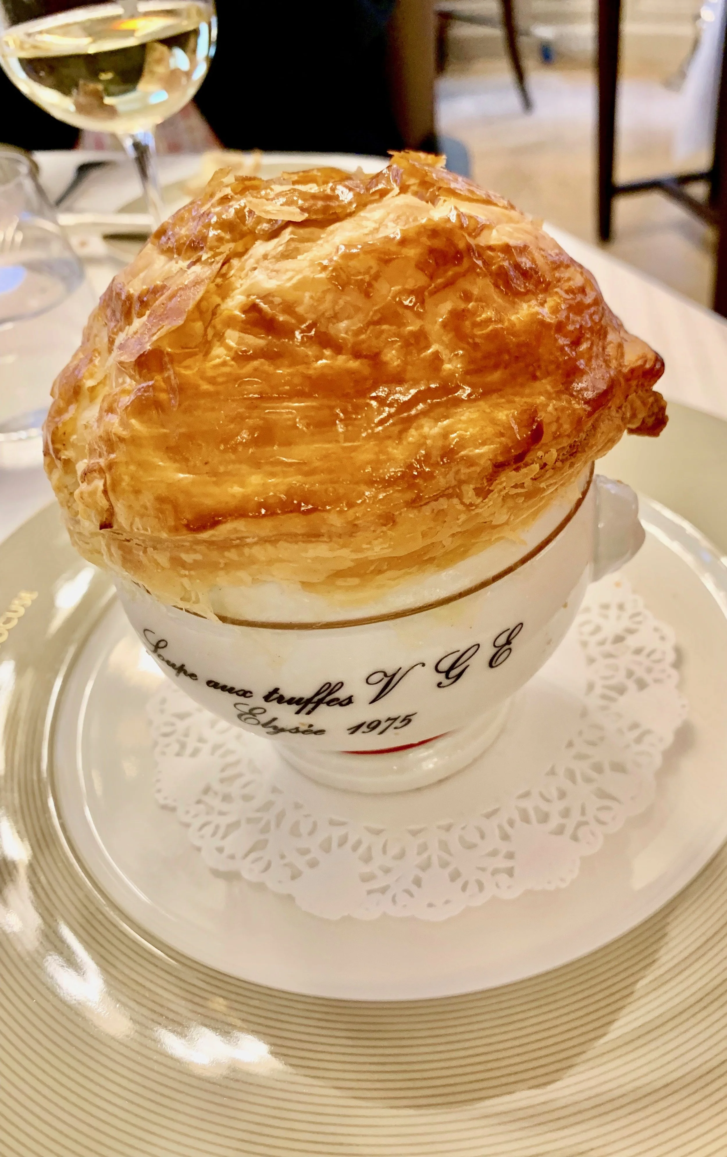 Big enough for dinner on its own: Truffle soup V.G.E., noted as “(dish created for the French President in 1975)”