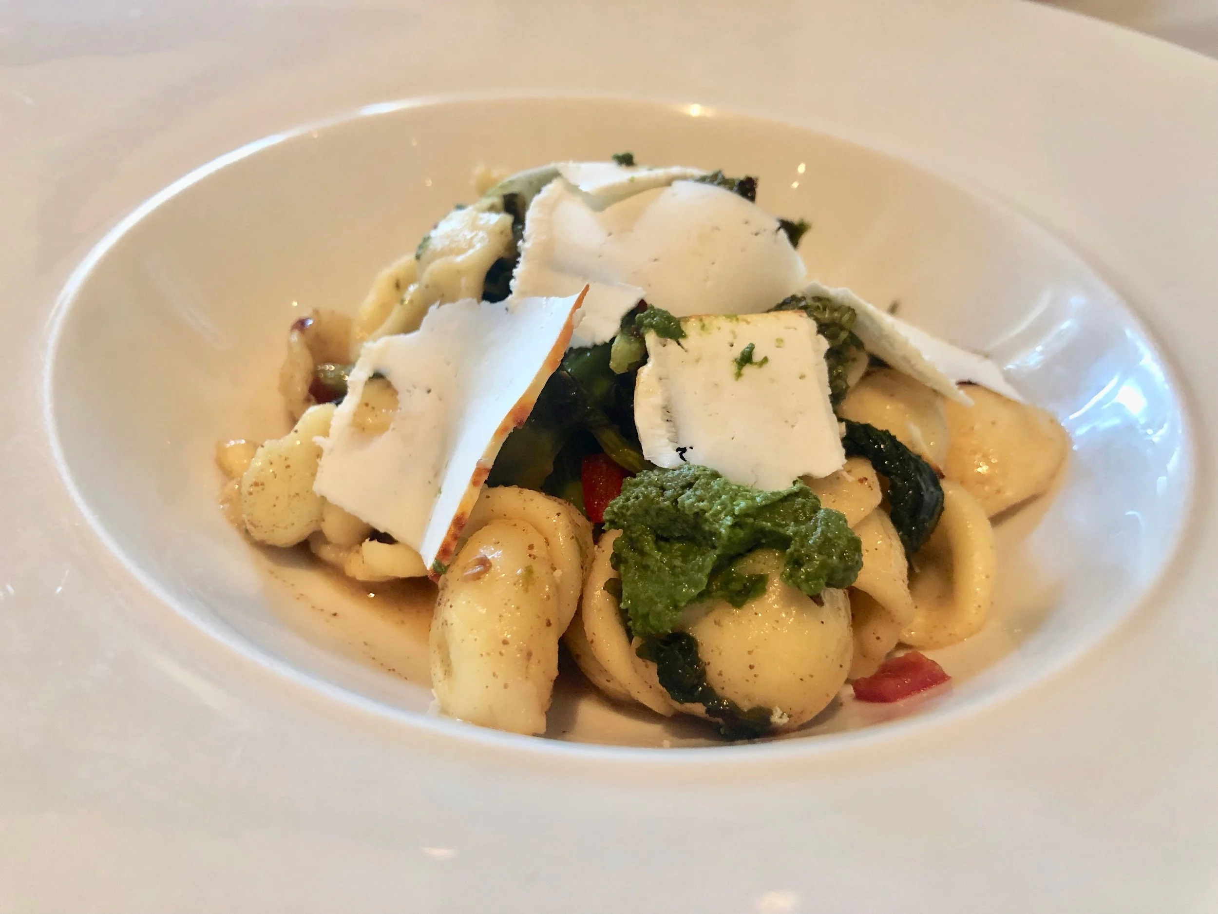 Ravello – Orecchiette. Ear-shaped semolina pasta with ricotta salata, broccili rabe and roasted peppers. Perfectly perfect, but not when you can have the chicken saltimbocca or oil-pached snapper instead.