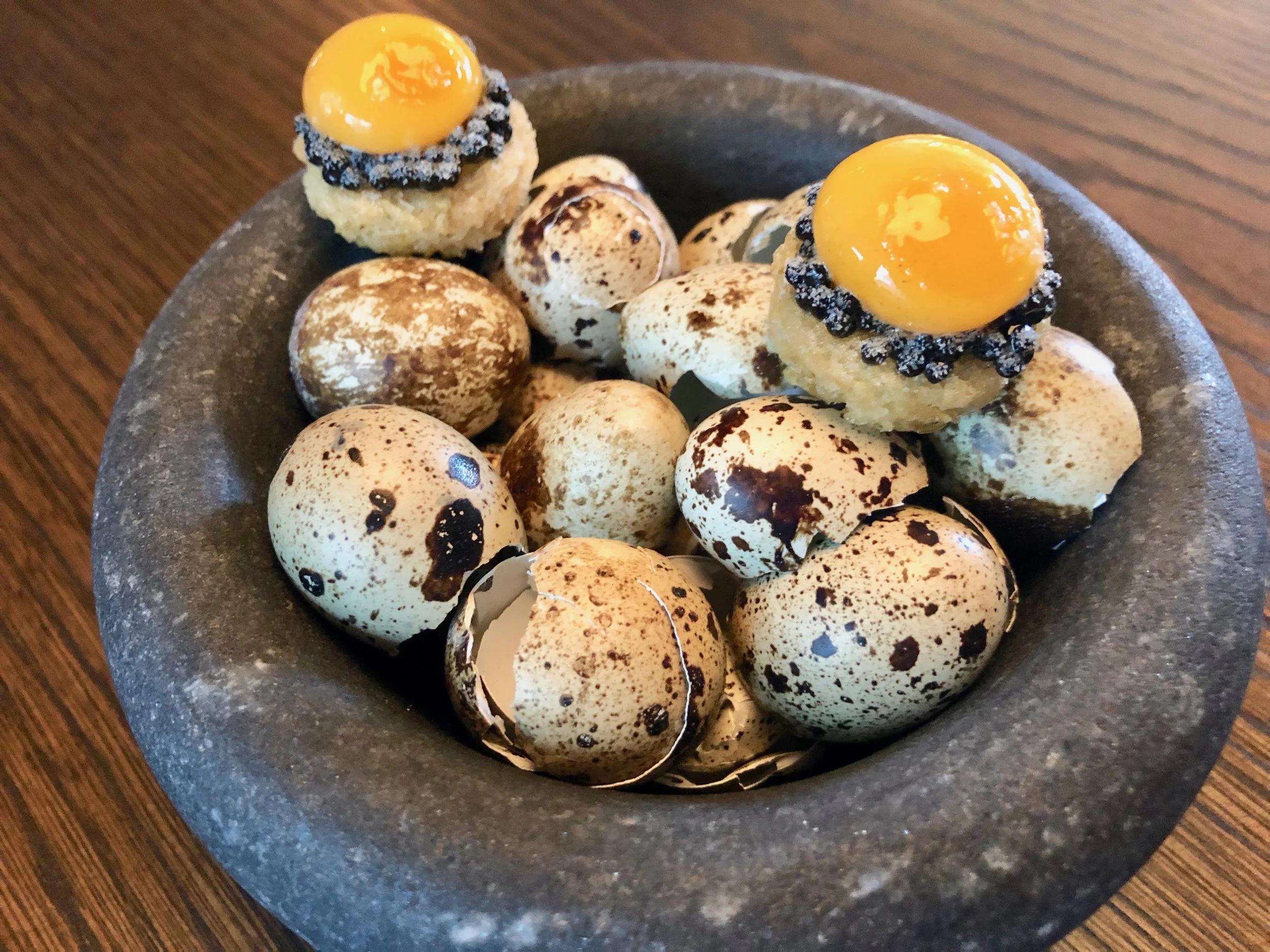 Amuse-bouch 1 – Potato rosti with quail egg yolks from Brustad Farm and Volzhenk caviar (forgive Kontrast for sourcing the caviar from Russia). Outrageously satisfying.