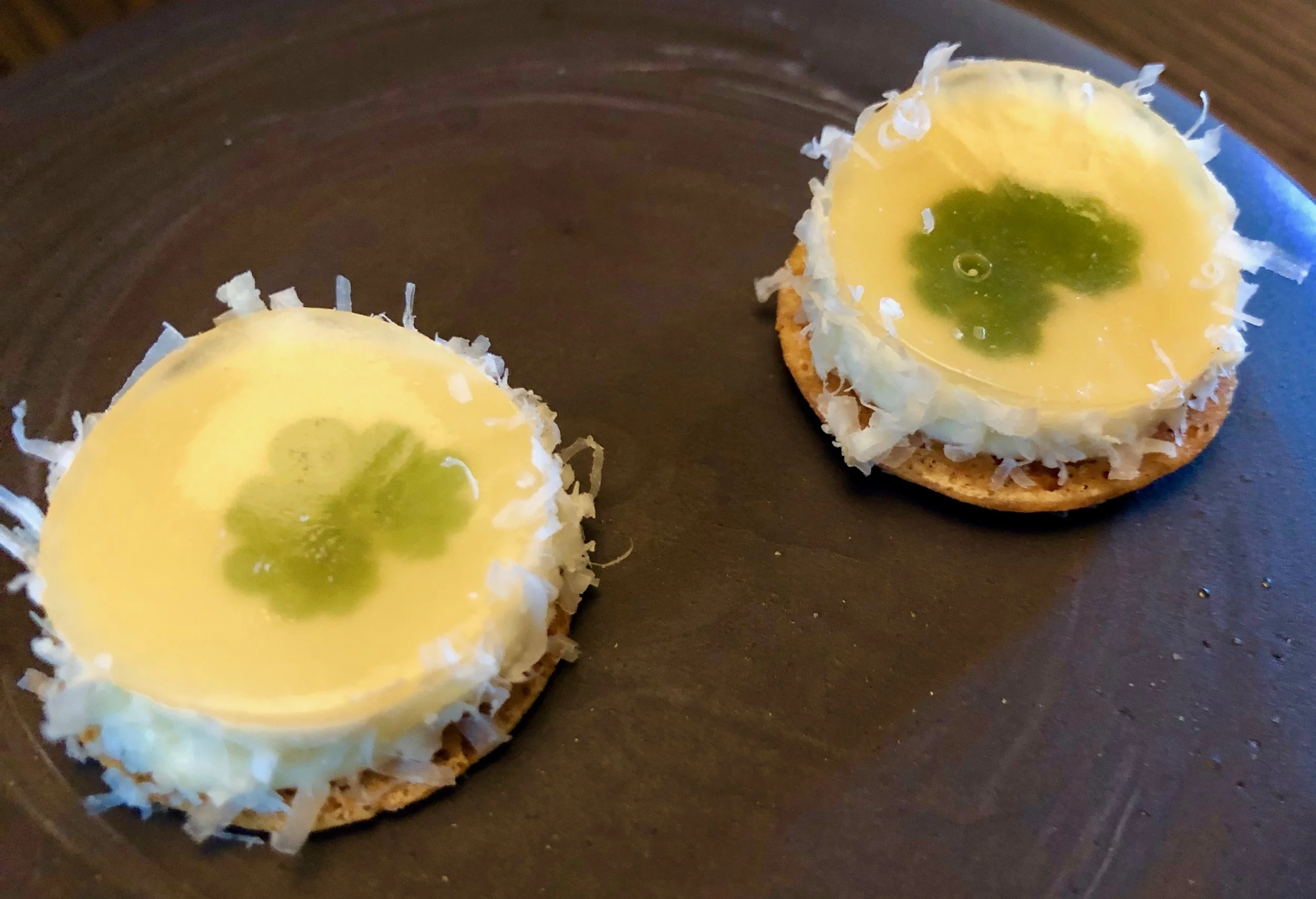 Amuse-bouche 2 – A cheesy wonder on a wafer described as Holtefjell XO from Eiker Gardsystgeri with whey of Nyr.