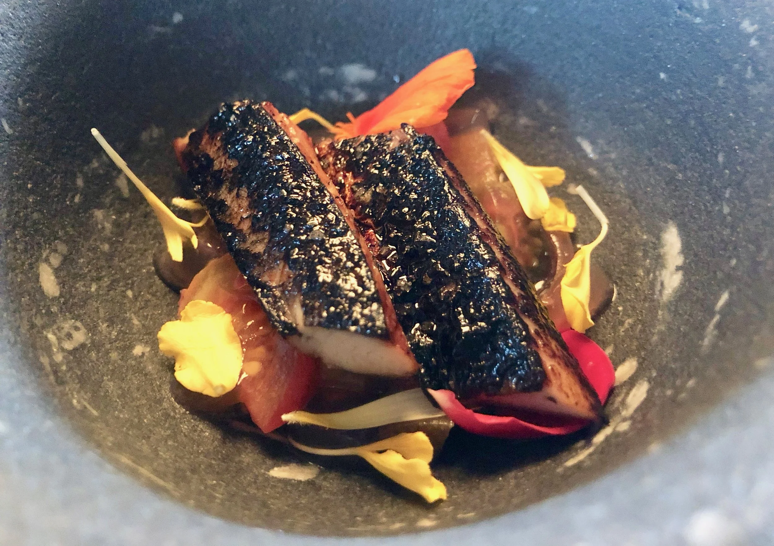 Mackerel from Kristiansand, tomato with rhubarb and roseship from Korsvold Farm