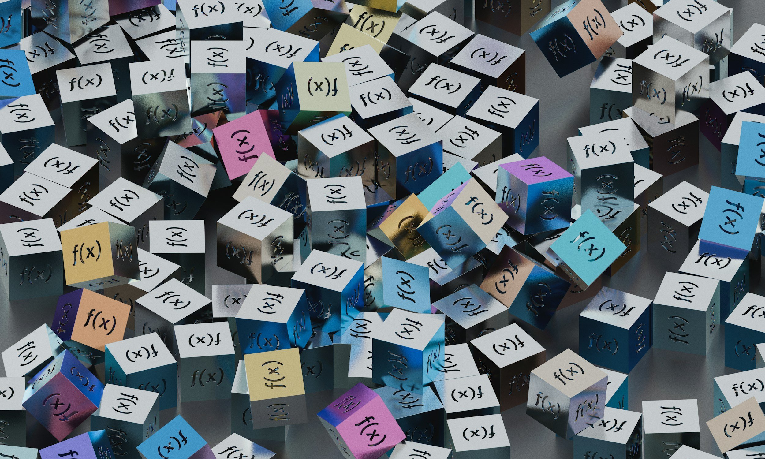 a large collection of cubes inscribed with "f(x)"