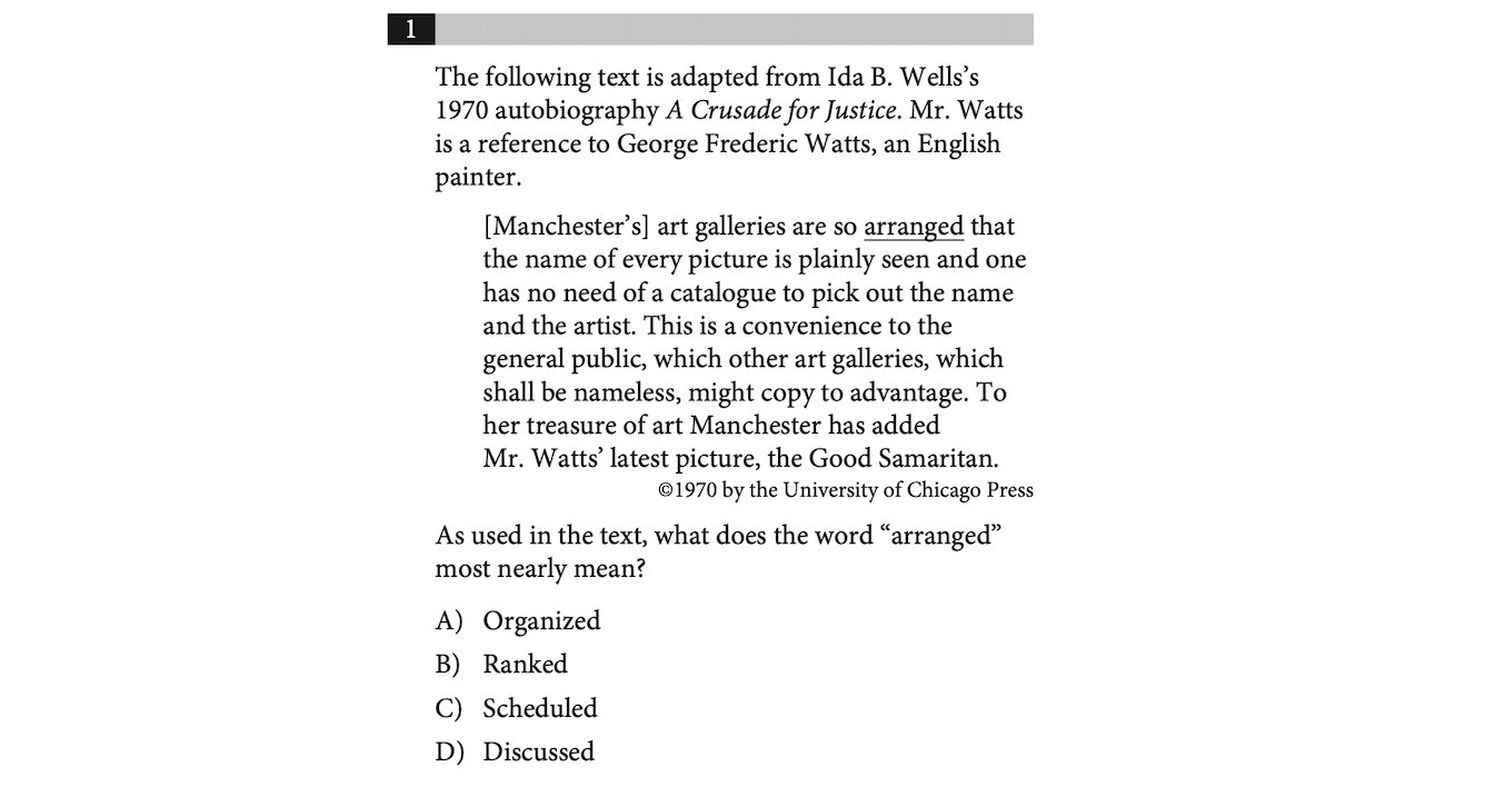 a sample Reading and Writing question from the SAT
