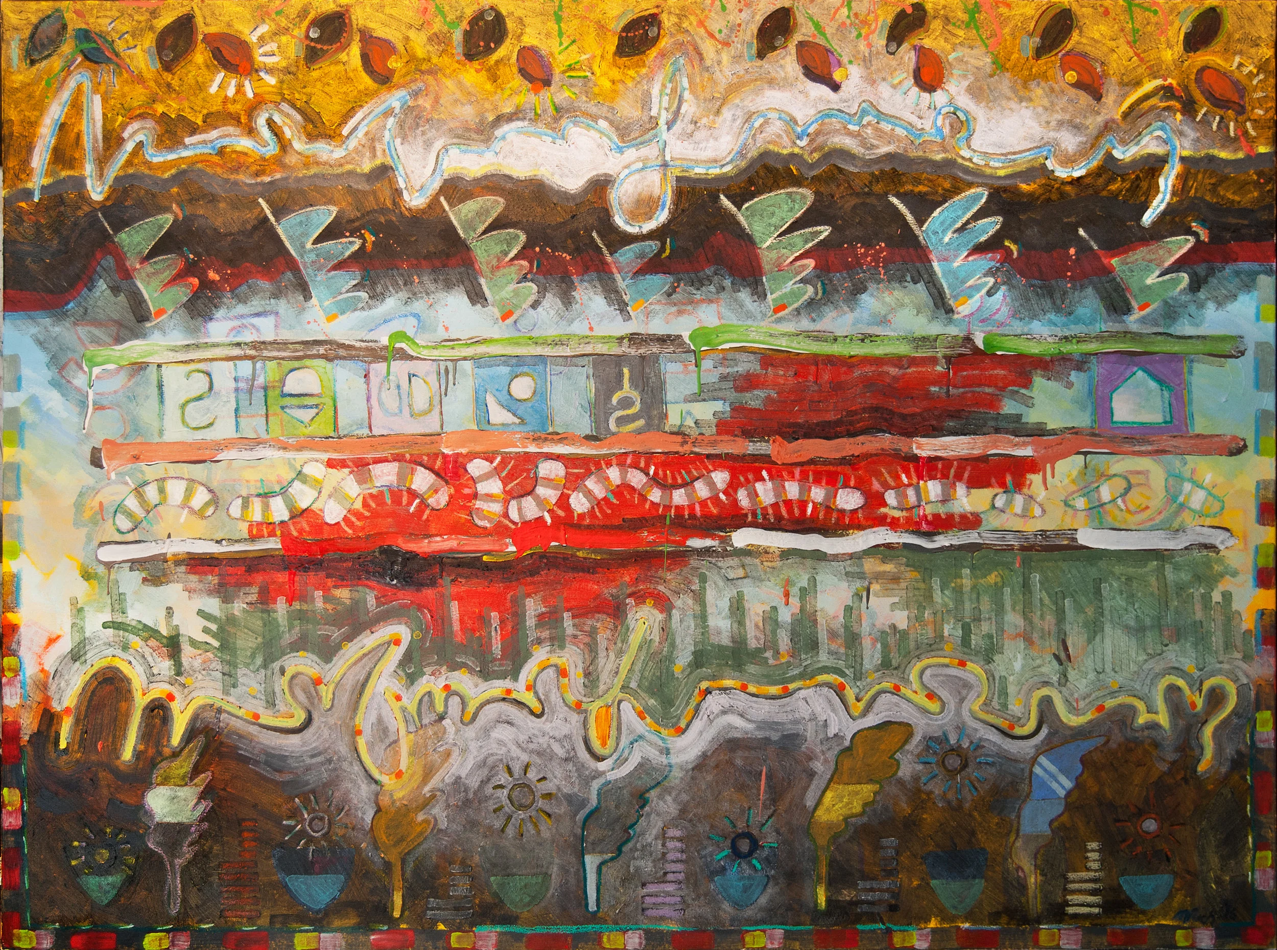 Language is foreign. 36"x48", oil, wax & crayon on canvas.
