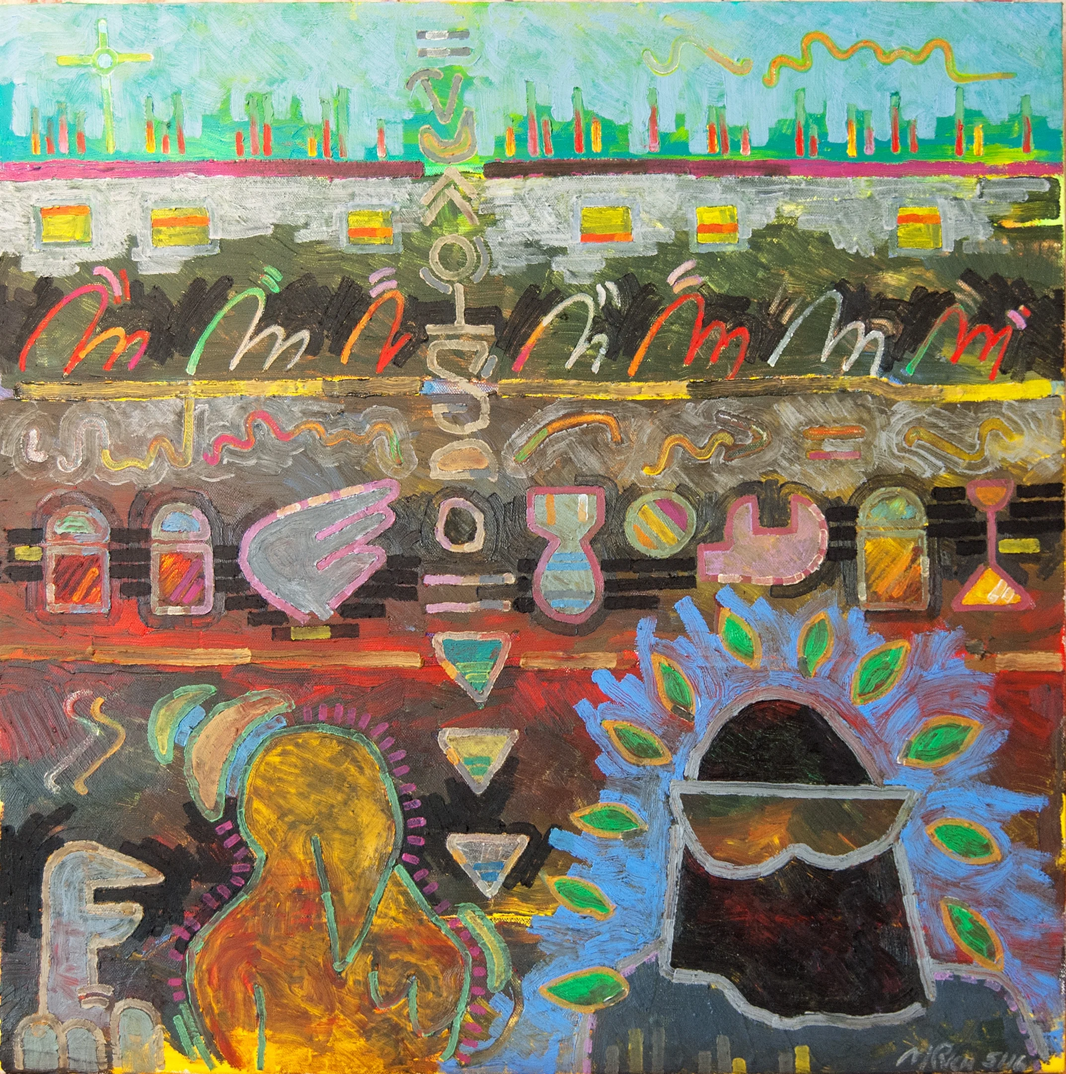 119 colonial #1, 24"x24", oil, wax & crayon on canvas.