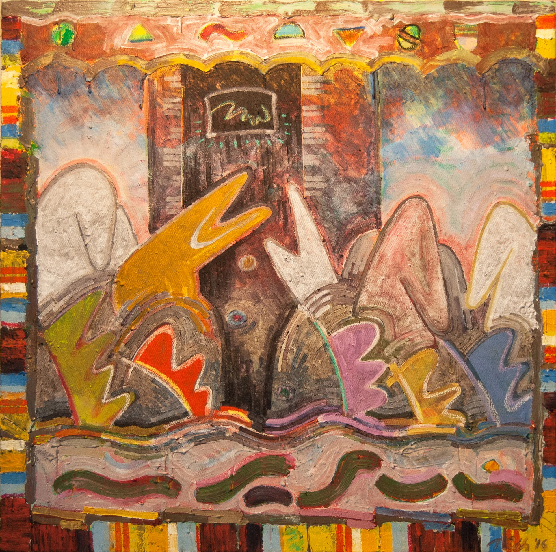The show. 24"x24", oil, wax & crayon on canvas.