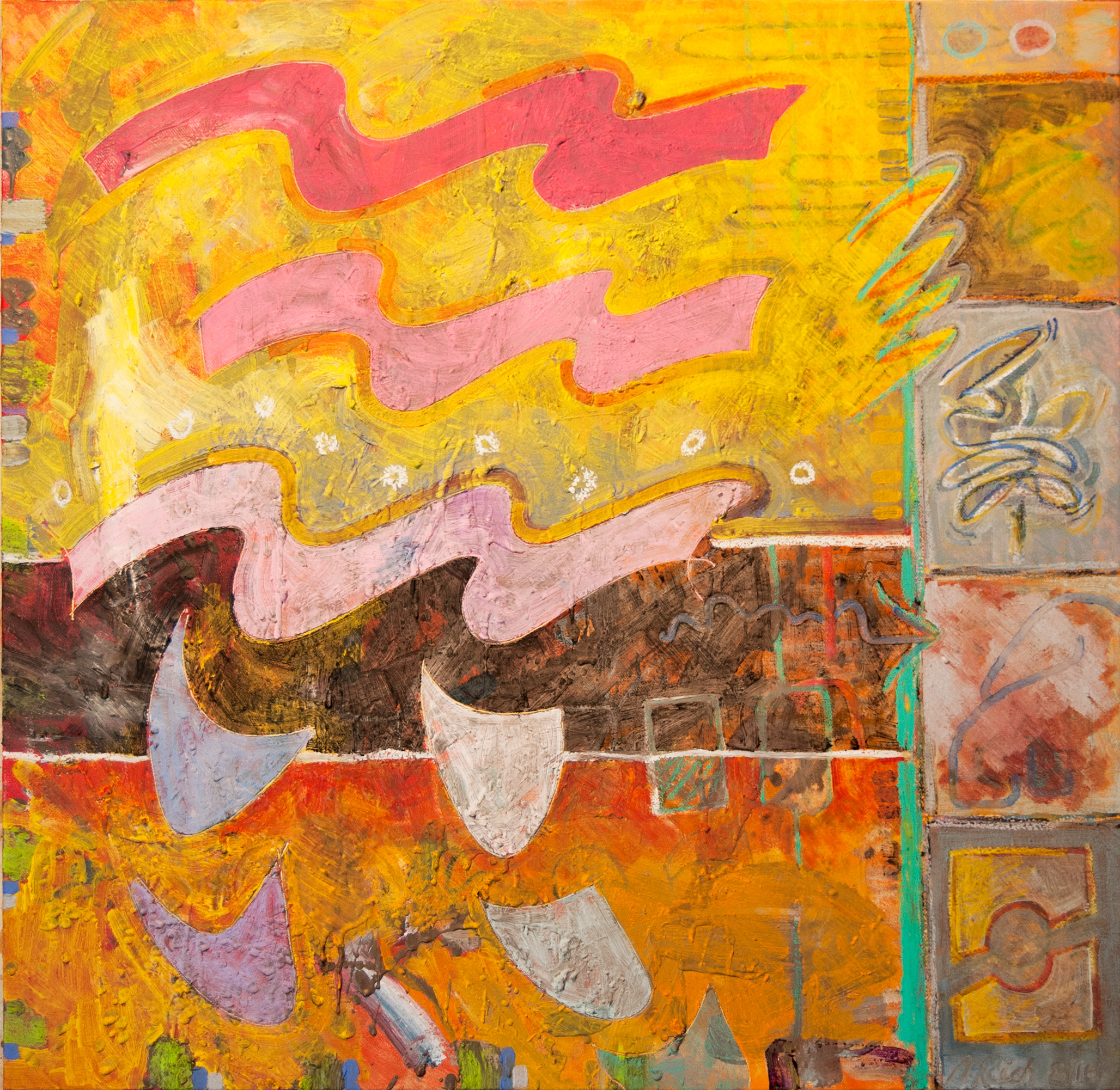 Flutter. 24"x24", oil, wax & crayon on canvas.