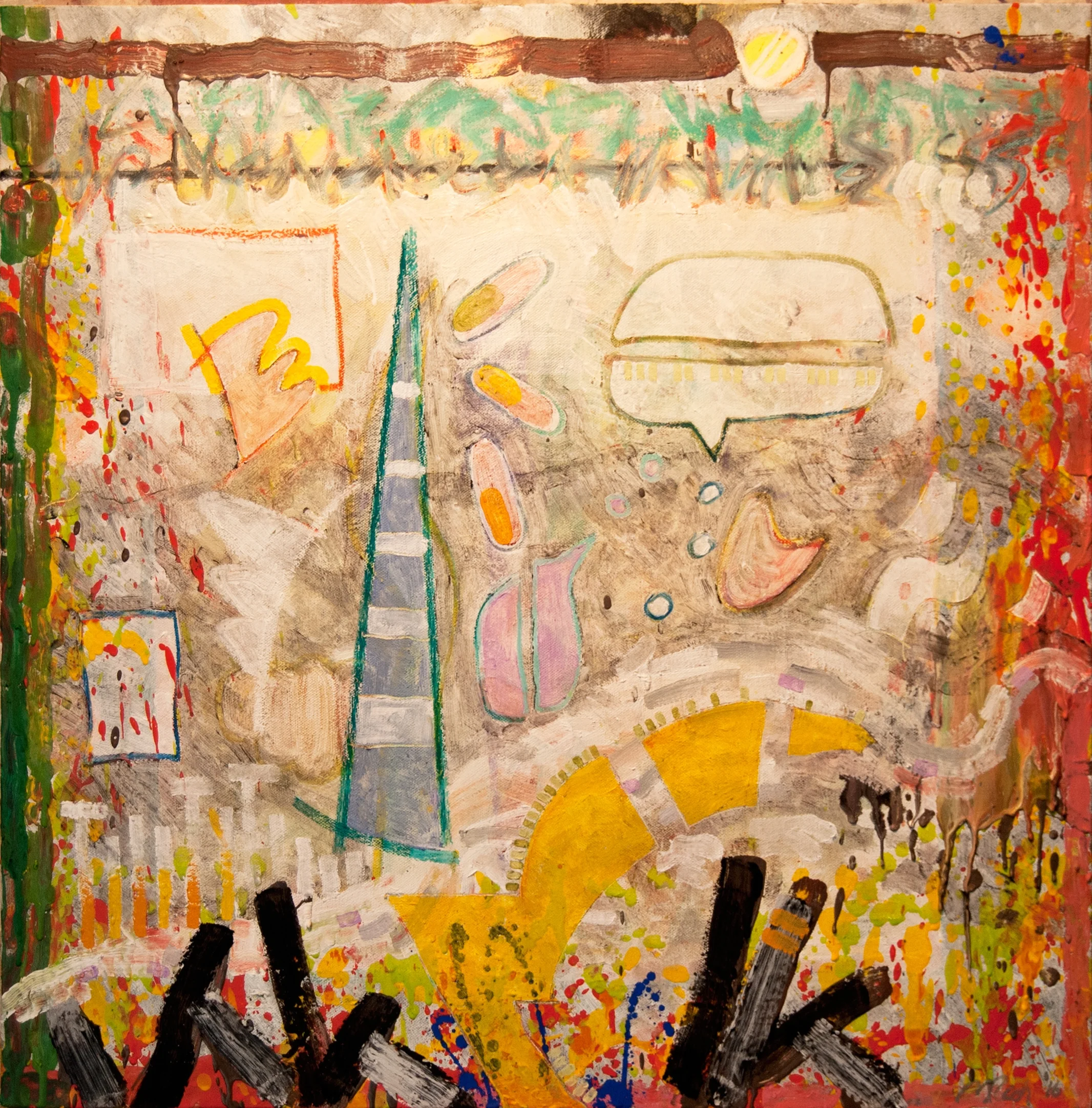 Bits not pieces. 24"x24", oil, wax & crayon on canvas.