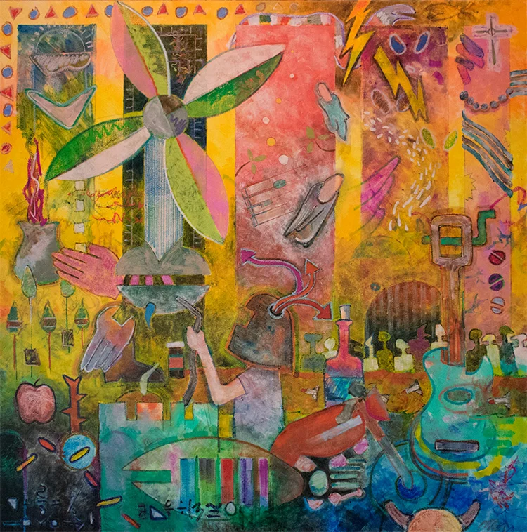 Distraction, 36”x 36”, oil, wax, oil pastel, pencil on canvas, 6/29/17.